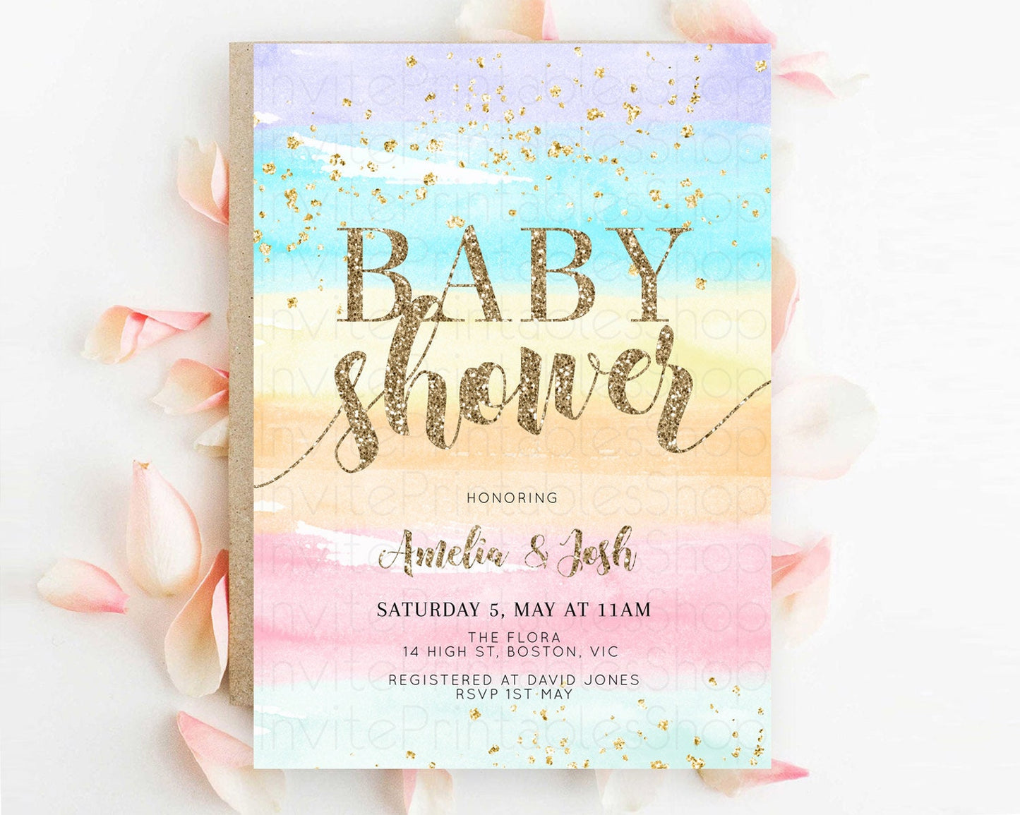 Pastel Baby Shower Invitation Rainbow Baby Shower Invitation Colorful Pastel Watercolor Invitation Gold Glitter Sprinkles Ombre D10508