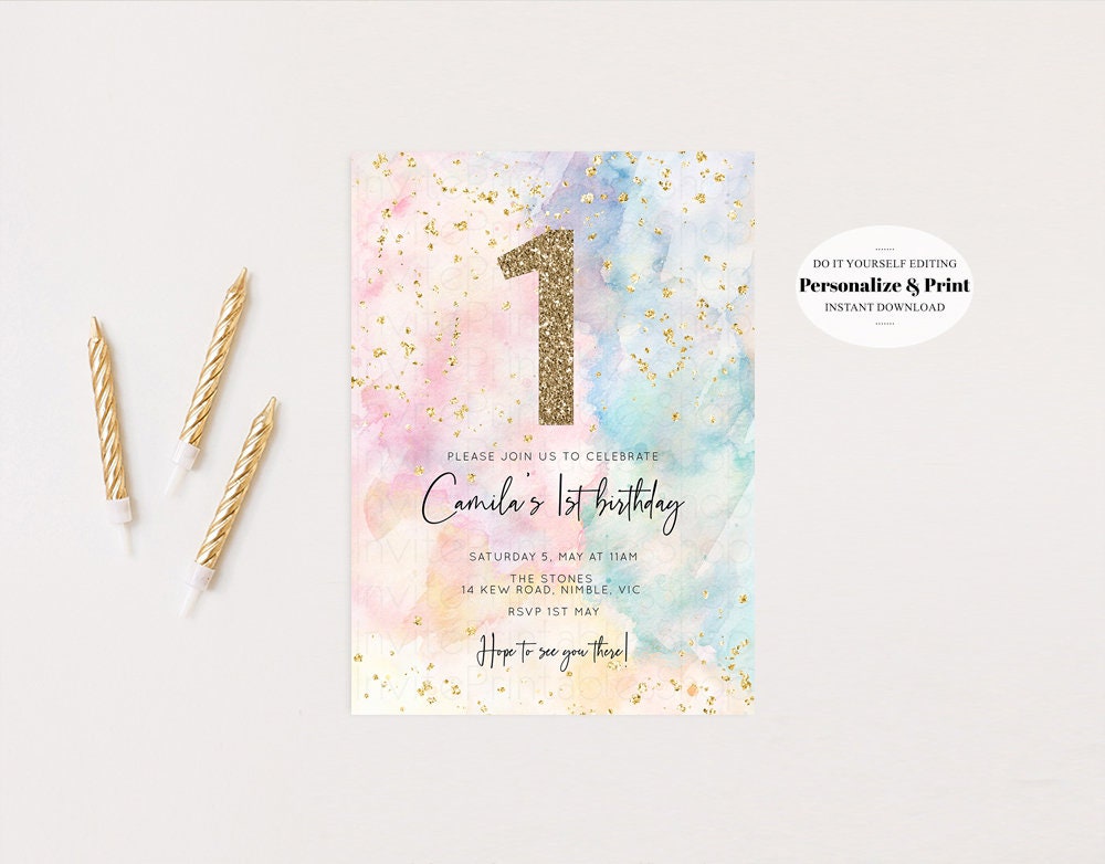Rainbow Birthday Invitation Colorful Watercolor Gold Glitter Sprinkles Ombre Pastel Invitation 1st 2nd 3rd Printable Editable Invite 276