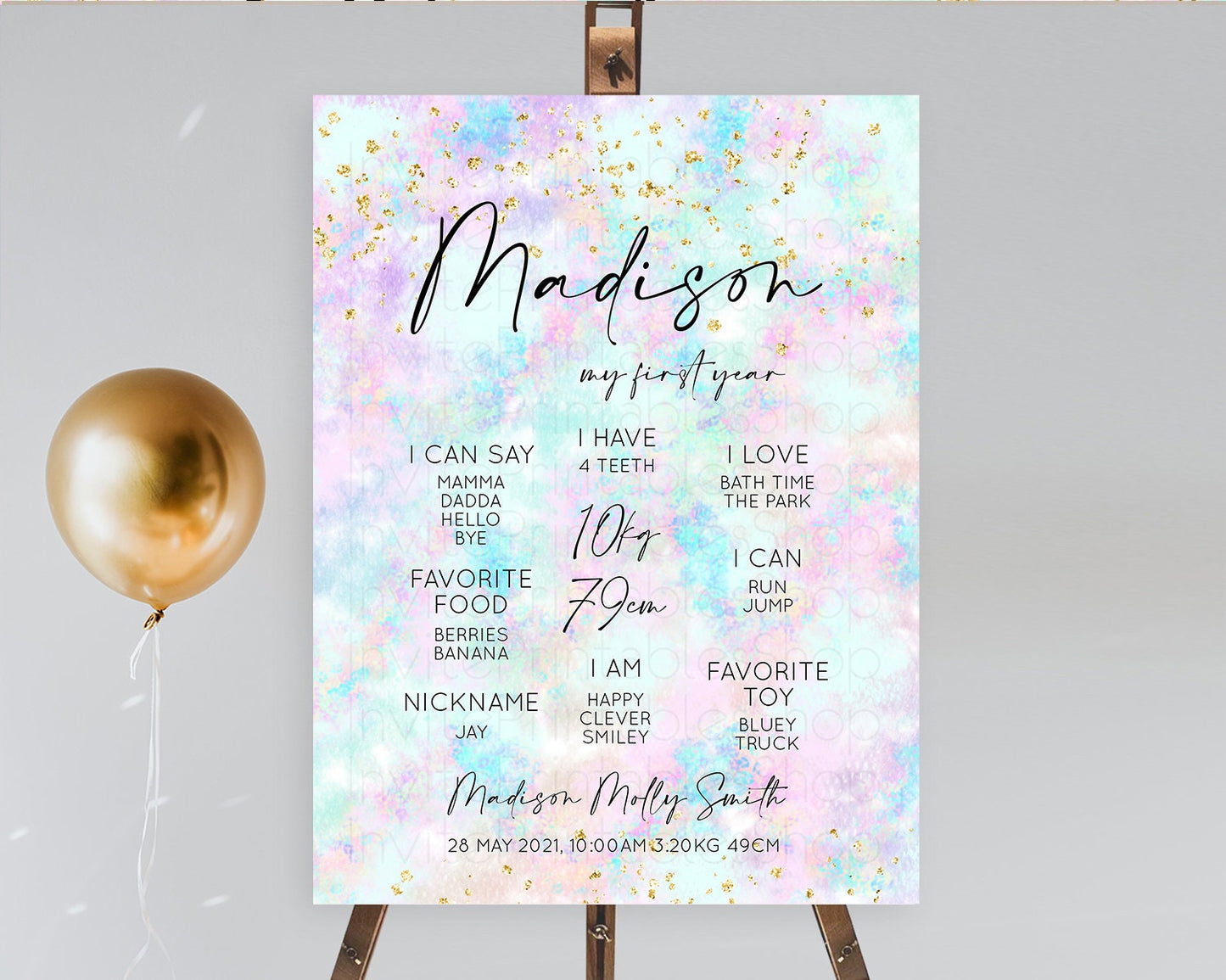 Pastel First Birthday Milestone Board Pastel Rainbow Milestone Poster Colorful Confetti Watercolor Glitter 1st Birthday Welcome Sign D10652