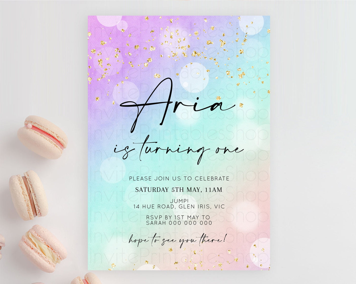 Rainbow Birthday Invitation Colorful Pastel Watercolor Invitation Gold Glitter Sprinkles Ombre Pastel 1st 2nd 3rd Birthday D10618