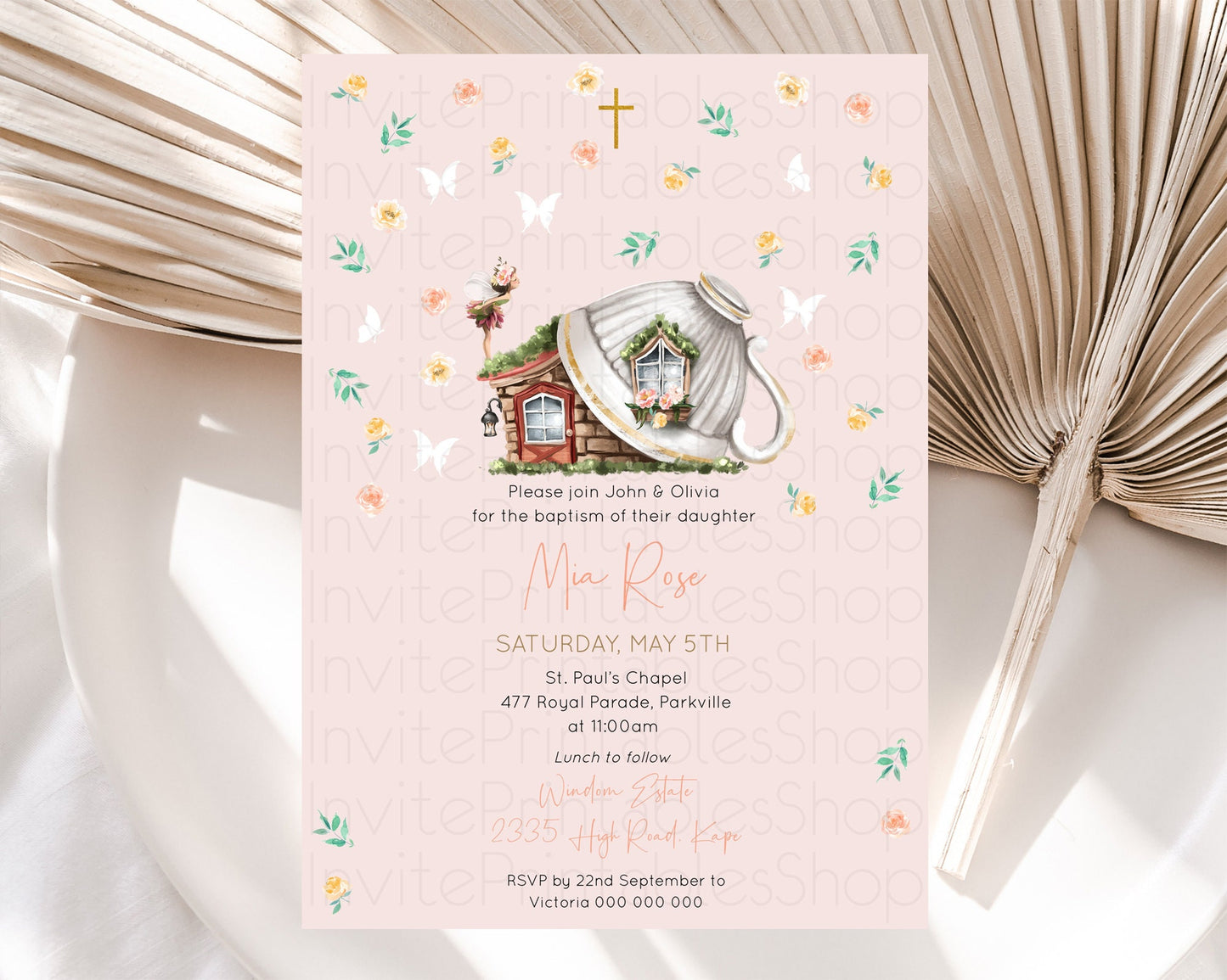 Fairy Baptism Invitation Fairy Baptism 1st Birthday Invitation Enchanted Secret Garden Christening Invite Pastel Floral Butterfly D10384