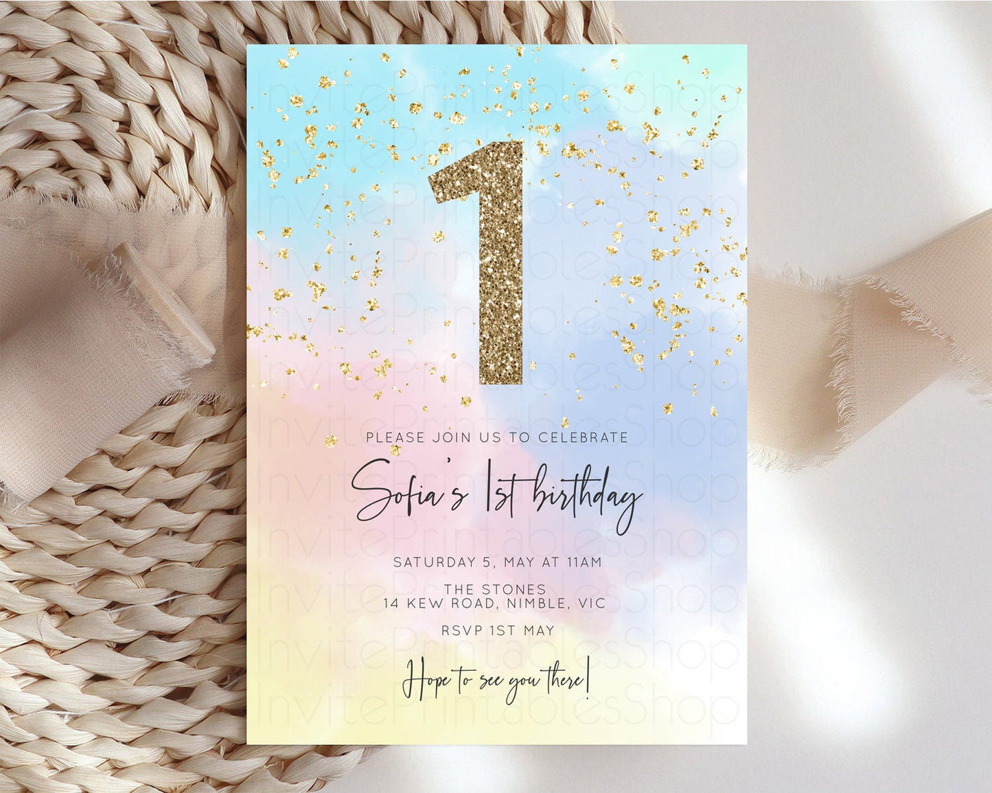 Rainbow Birthday Invitation Pastel Clouds Invitation Rainbow Sky Invite Colorful Watercolor Invite Glitter Sprinkle Invite 1st 2nd 3rd 446