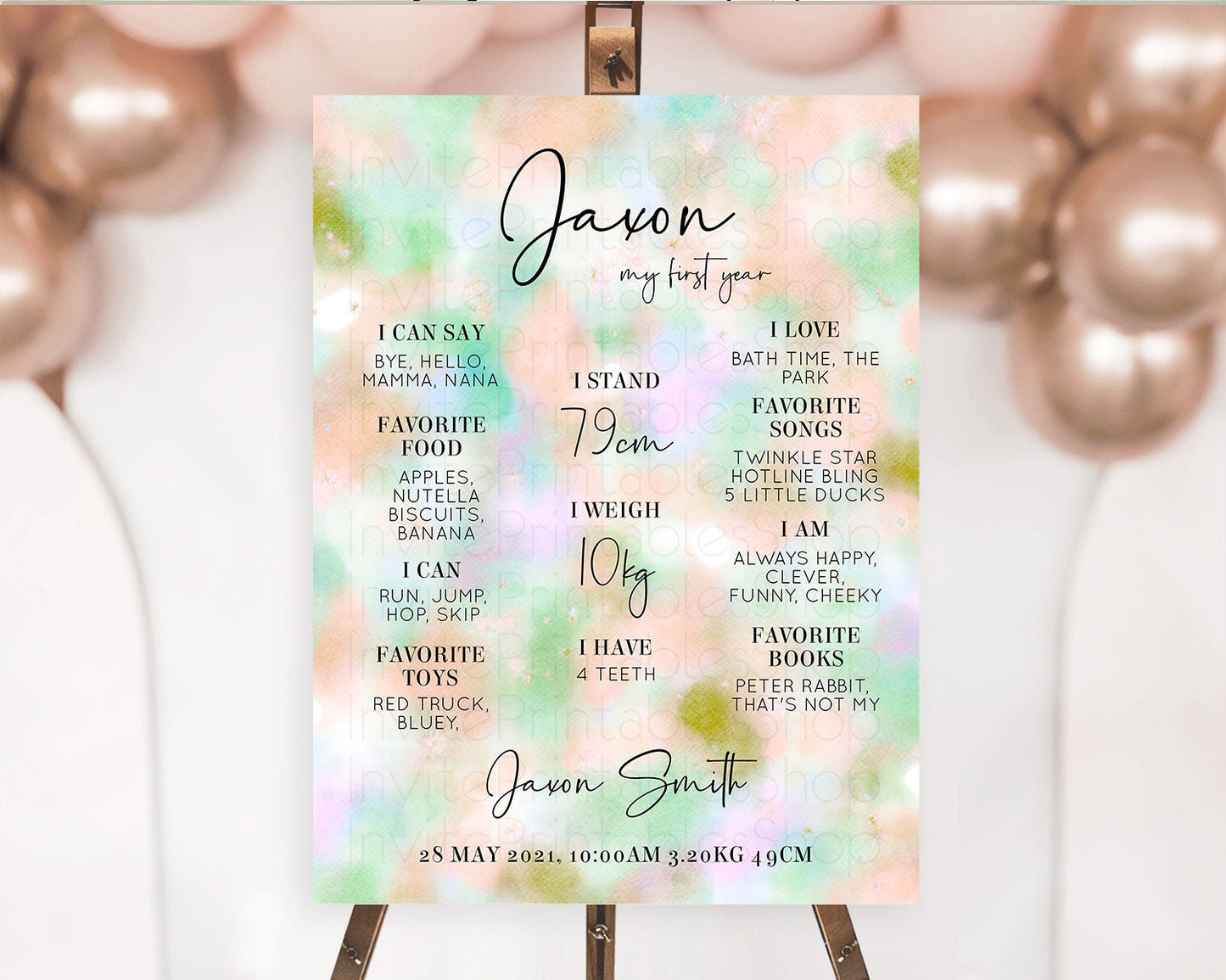 Pastel First Birthday Milestone Board Pastel Rainbow Milestone Poster Colorful Confetti Watercolor Glitter 1st Birthday Welcome Sign D10693