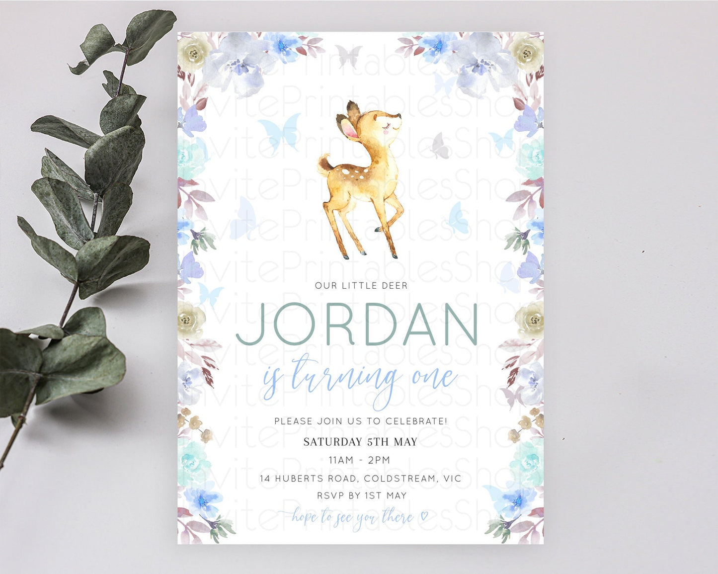 Fawn Birthday Invitation Deer Birthday Invitation Enchanted Forest Party Butterfly Pastel Flowers Whimsical 2nd 1st First Birthday D10960