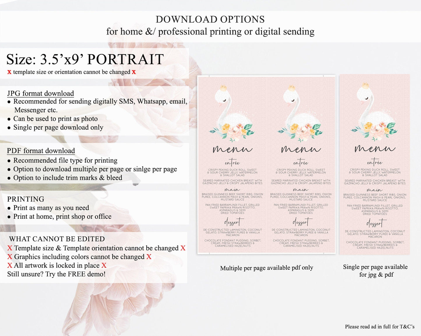 Swan Menu Swan Princess Ballet Menu Template Enchanted Swan Lake Table Decor Secret Garden Pastel Floral Dinner Dessert Food Menu D10388