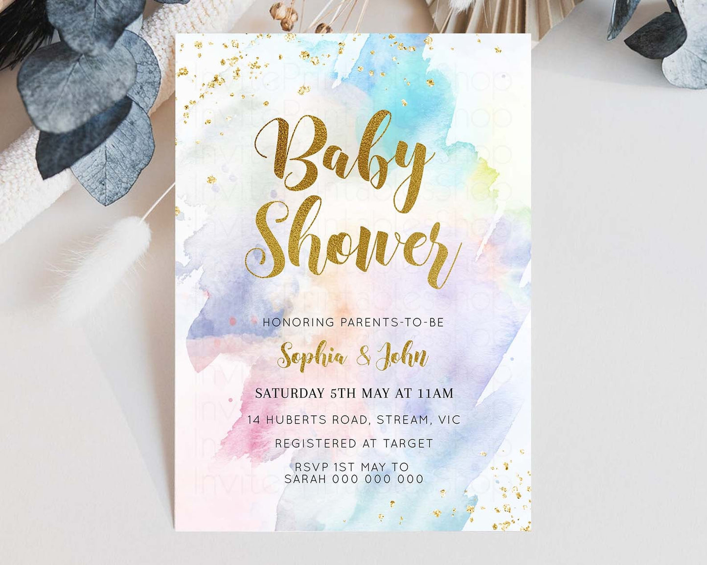 Rainbow Baby Shower Invitation Watercolor Pastel Invitation Colorful Splash Baby Invite Gold Glitter Sprinkles Ombre Gender Reveal