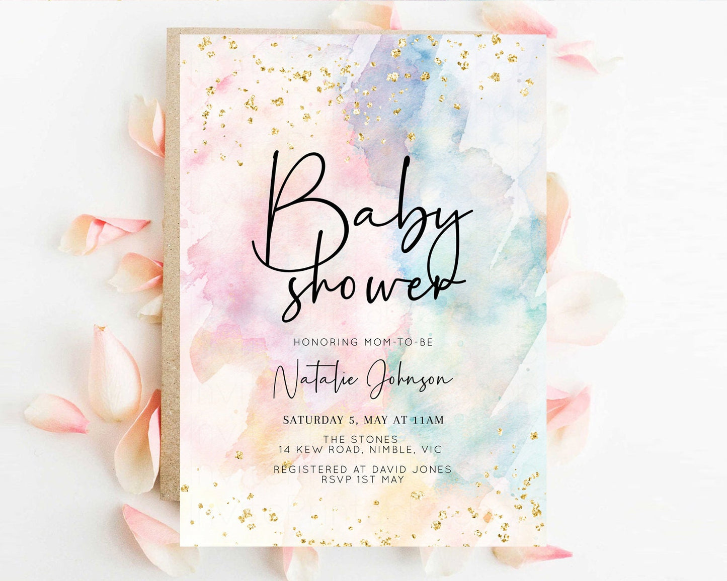 Rainbow Baby Shower Invitation Pastel Baby Shower Invitation Watercolor Ombre Invitation Rainbow Pastel Colors Invite Glitter Confetti 276