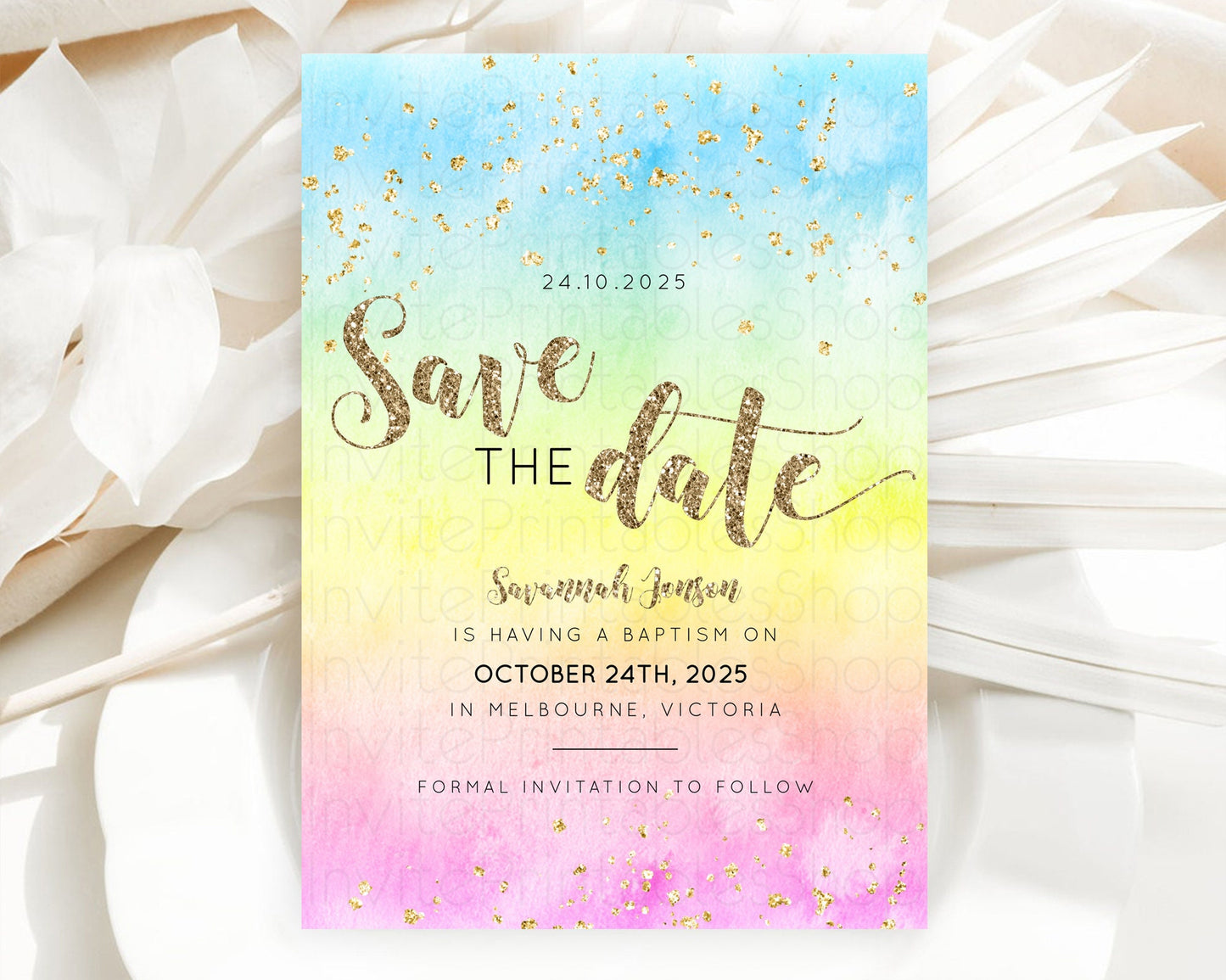 Pastel Save The Date Template Pastel Ombre Rainbow Watercolor Colorful Party For Birthday Baptism Baby Shower Wedding Bridal Shower D10479