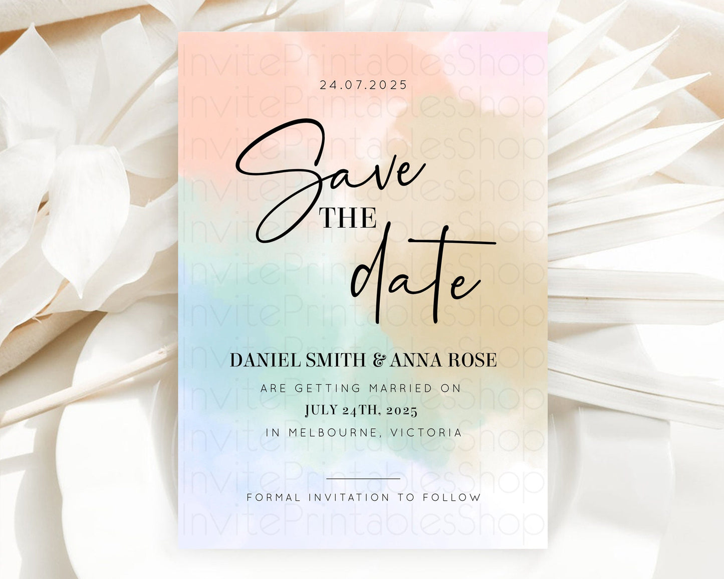 Pastel Save The Date Template Pastel Ombre Rainbow Watercolor Colorful Party For Birthday Baptism Baby Shower Wedding Bridal Shower D10370