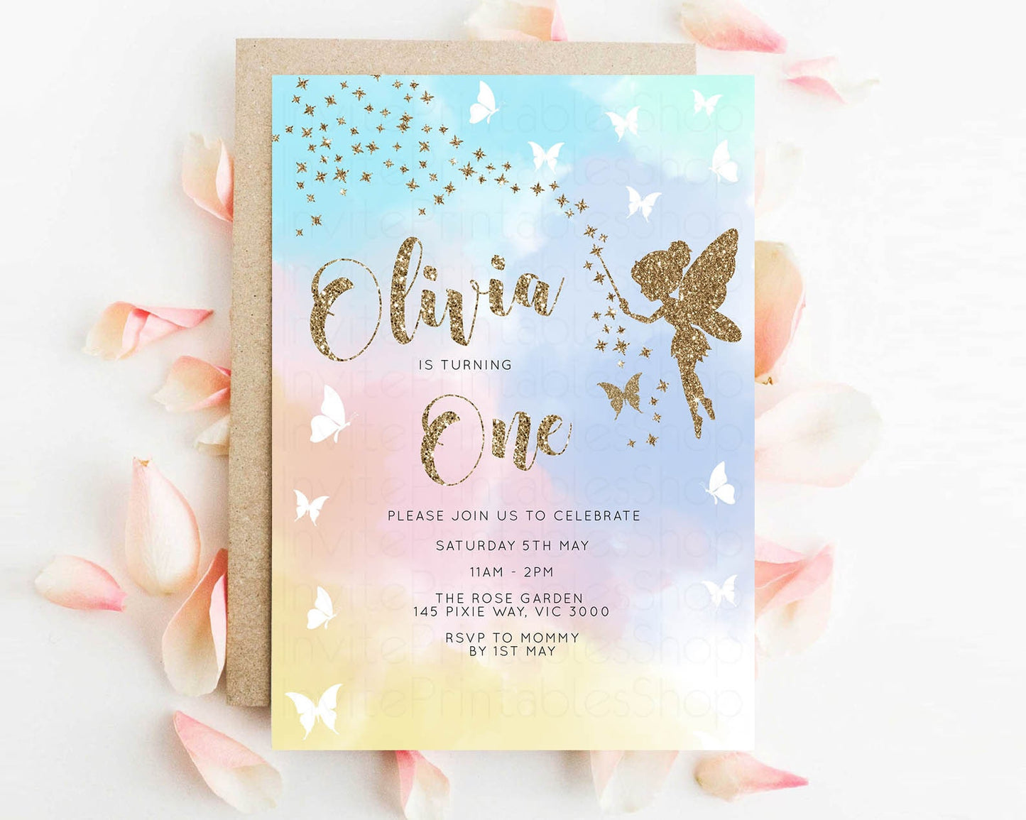 Fairy Birthday Invitation Pastel Rainbow Invitation Rainbow Birthday Invite Tinker Colorful Pastel Watercolor Glitter Sprinkles Ombre