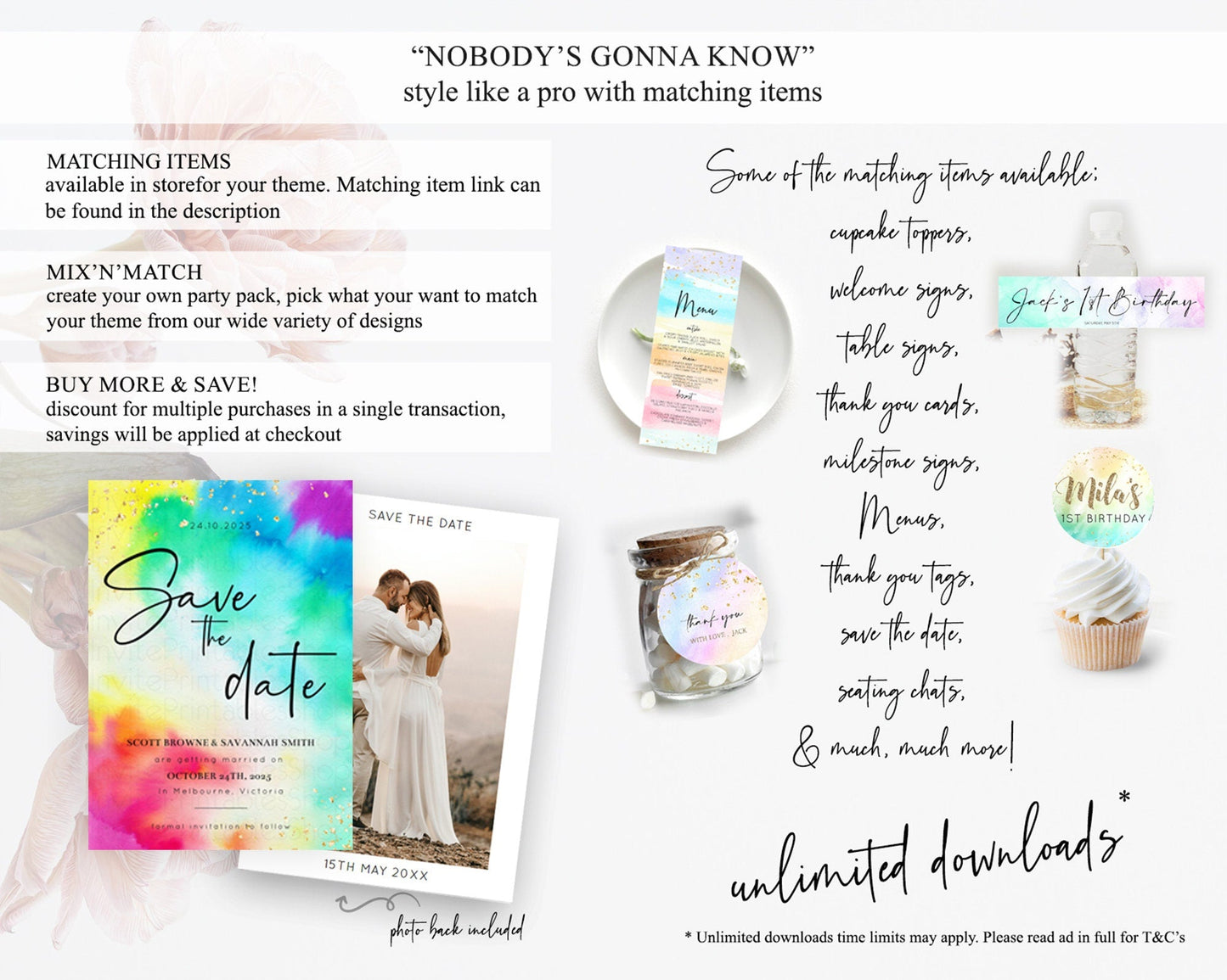 Tie Dye Save The Date Template Rainbow Pastel Ombre Watercolor Party For 1st Birthday Baptism Baby Shower Bridal Shower Wedding D10462
