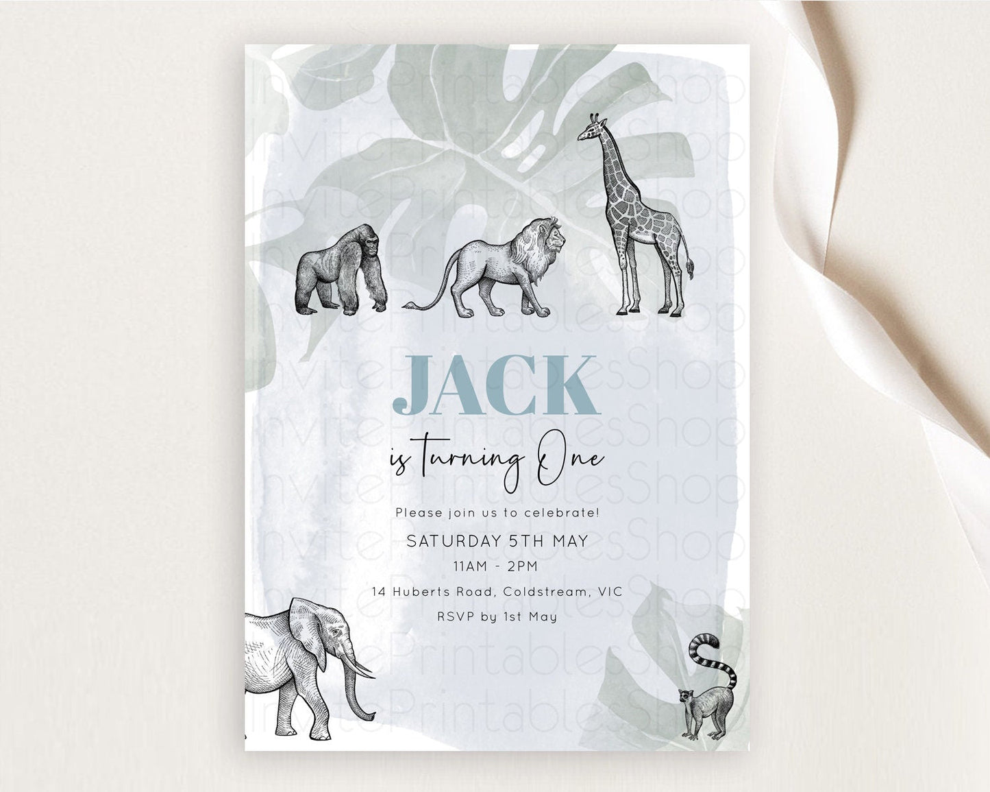 Safari Birthday Invitation Lion Gorilla Elephant Rhino Tropical Palm Jungle Safari Adventure Zoo Party Animal 2nd 1st First Birthday D10821