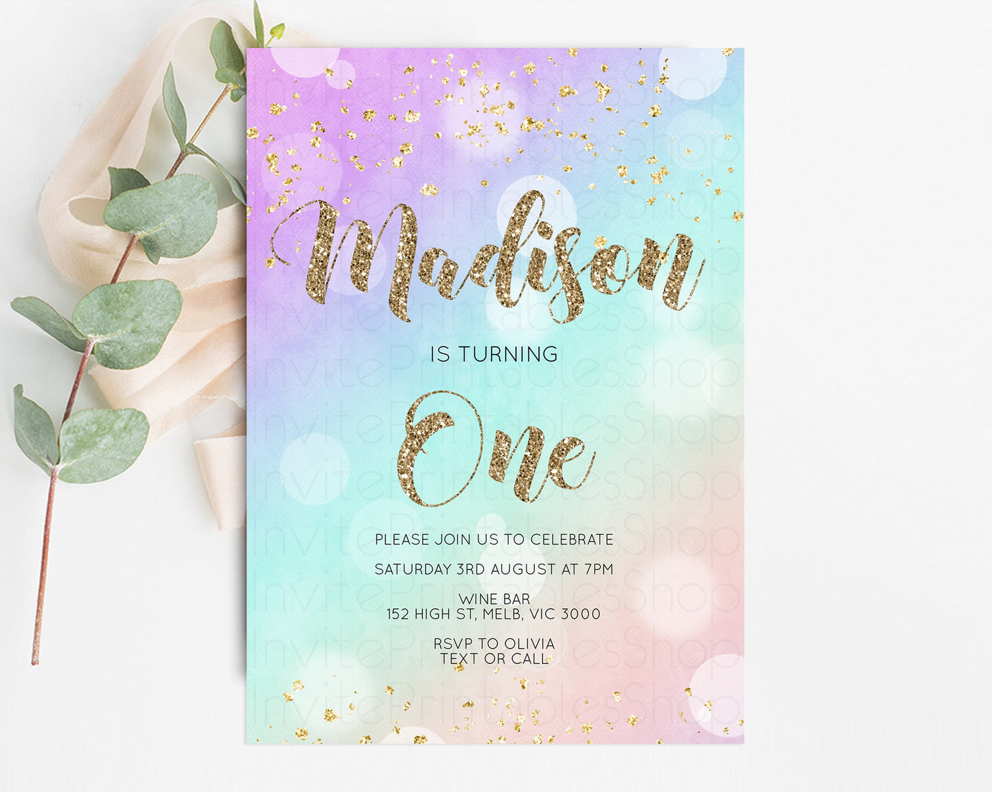 Rainbow Birthday Invitation Pastel Birthday Invite Ombre Watercolor Invite Enchanted Theme Colorful Splash Glitter Sprinkles 1st 2nd 3rd