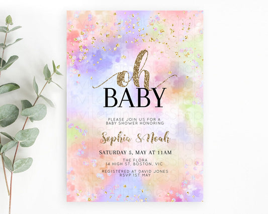 Pastel Baby Shower Invitation Rainbow Baby Shower Invitation Colorful Pastel Watercolor Invitation Gold Glitter Sprinkles Ombre D11019