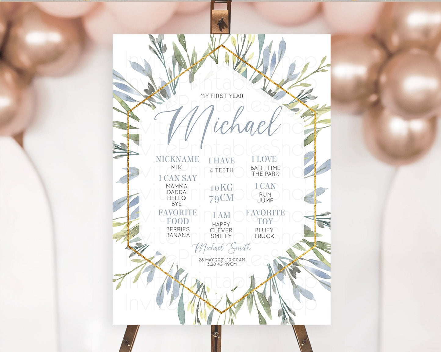 Leafy First Birthday Milestone Board Green Leaf Milestone Poster Greenery Eucalyptus Fern Spray Leaves Watercolor 1st Birthday Sign D10532