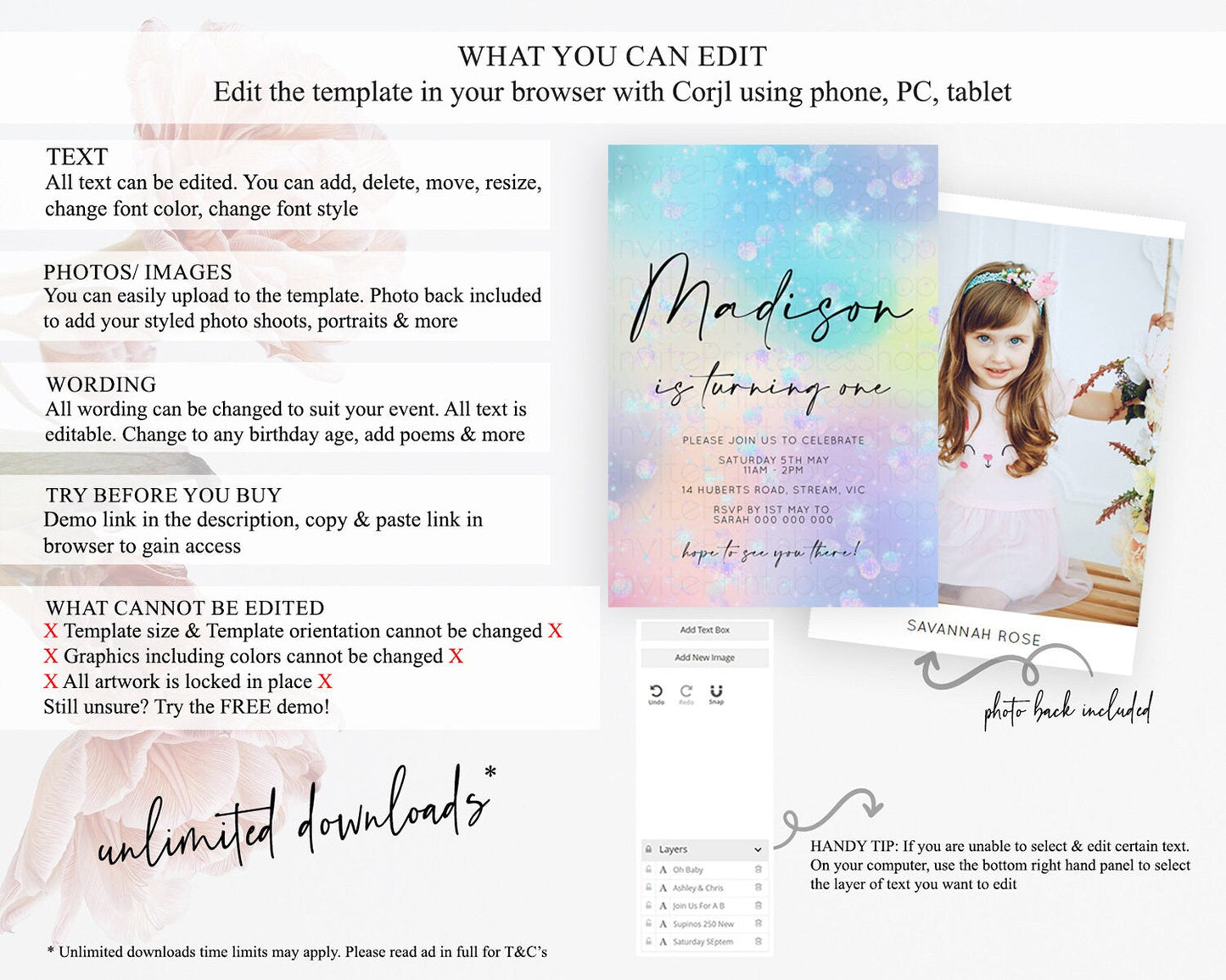 Rainbow Birthday Invitation Colorful Pastel Watercolor Iridescent Glitter Sprinkles Ombre Pastel Invitation 1st 2nd First Birthday D10665