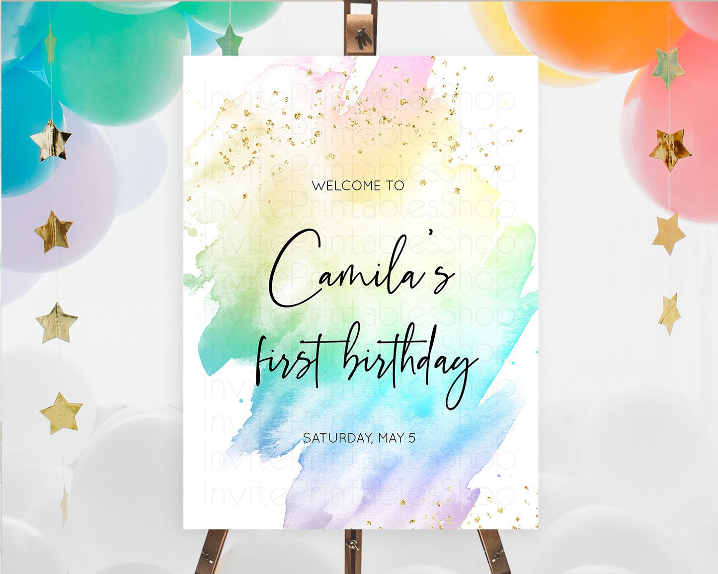 Pastel Welcome Sign Pastel Rainbow Welcome Sign Colorful Rainbow Confetti Watercolor Glitter Pastel First Birthday Welcome Sign D10256