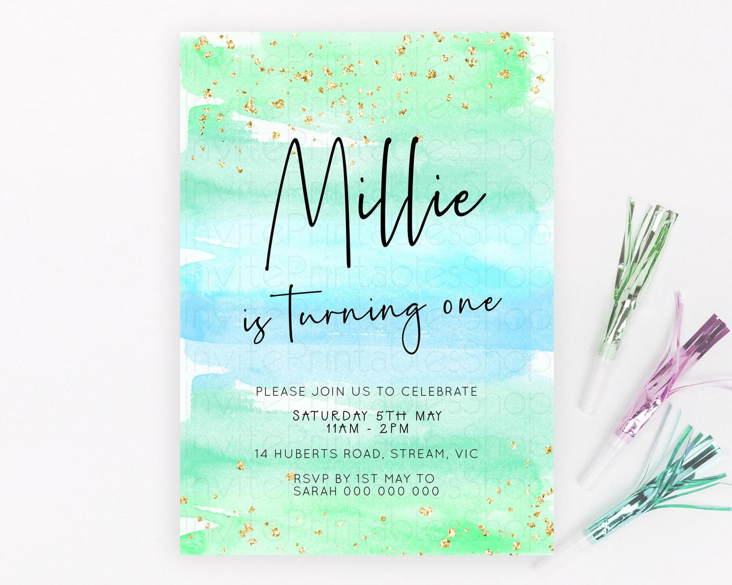 Green Birthday Invitation green Watercolor Invitation Pastel green Watercolor Invitation green Splash Gold Invitation First Birthday D23045
