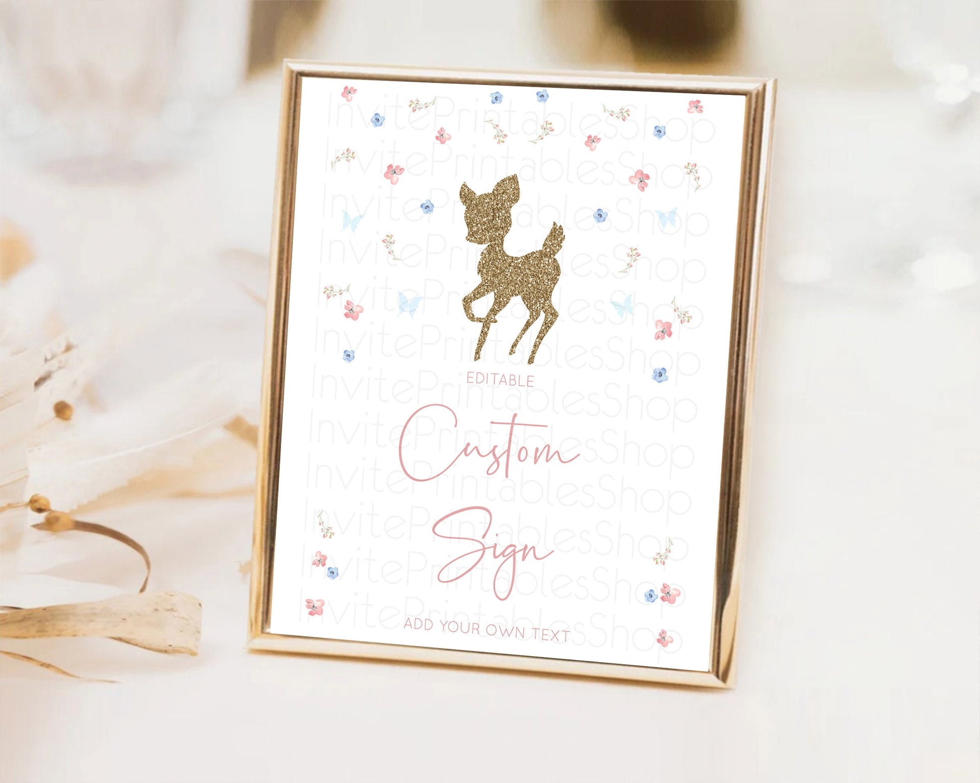 Editable Fawn Deer Sign Pastel Floral Deer Table Sign Decor Enchanted Forest
