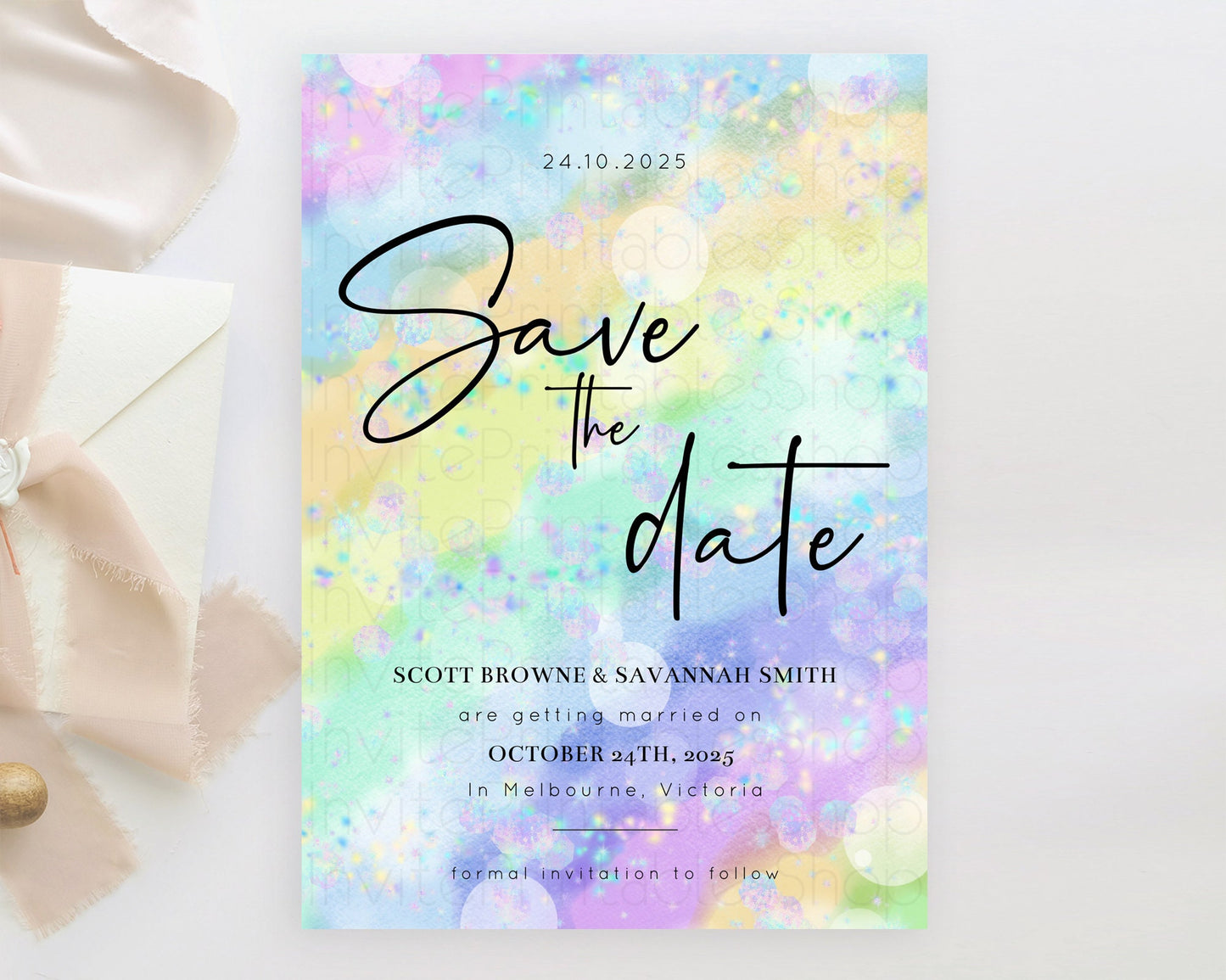 Colorful Save The Date Template Pastel Rainbow Watercolor Iridescent Ombre Party For 1st Birthday Baptism Baby Shower Bridal Shower D10689