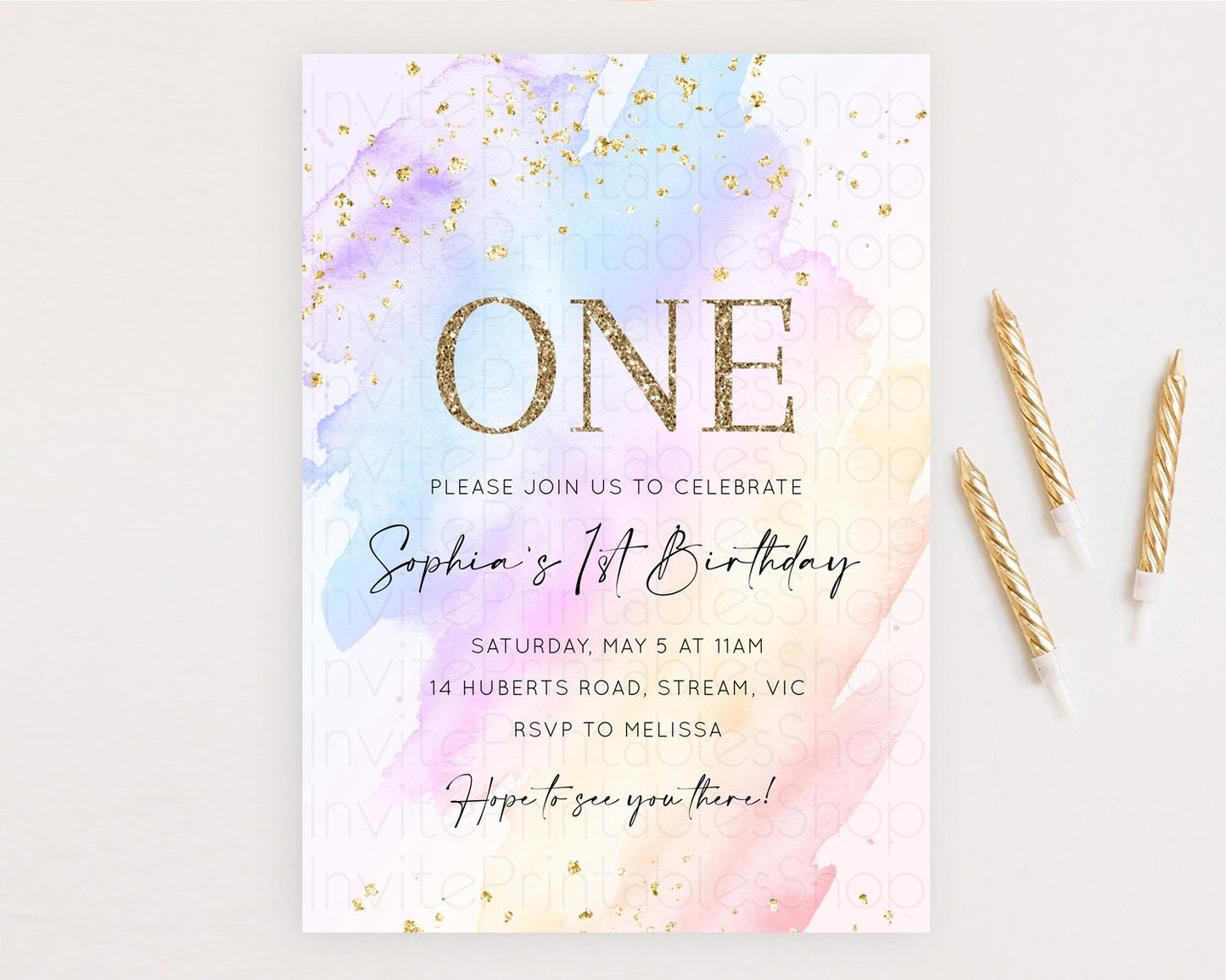 Rainbow Birthday Invitation Colorful Pastel Watercolor Invitation Gold Glitter Sprinkles Ombre Pastel 1st 2nd 3rd Birthday D10635