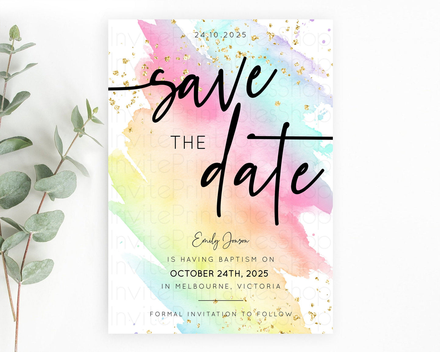 Pastel Save The Date Template Pastel Ombre Rainbow Watercolor Colorful Party For Birthday Baptism Baby Shower Wedding Bridal Shower D10495