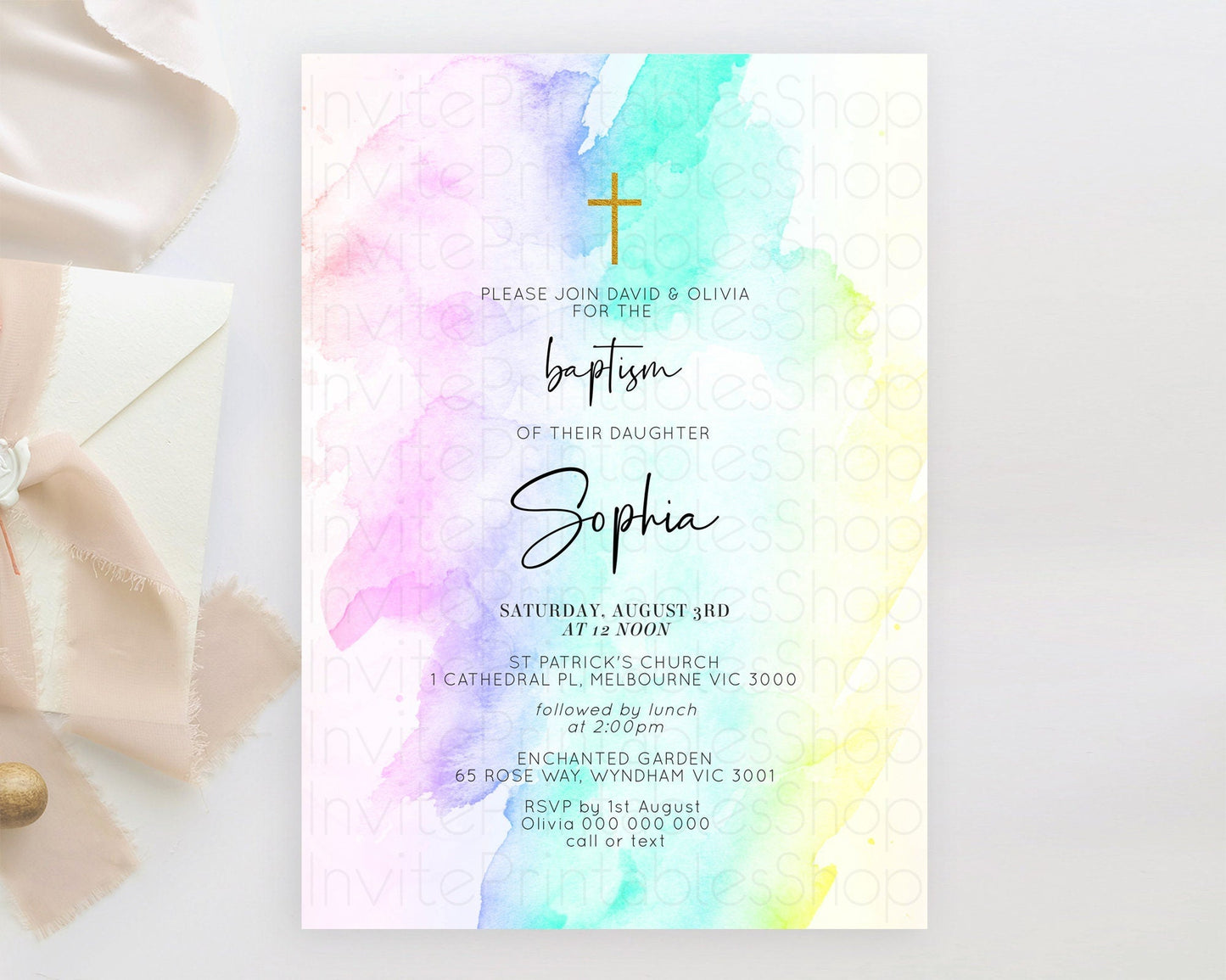 Pastel Baptism Invitation Pastel Colors Watercolor Baptism 1st Birthday Party Gold Ombre Pastel Rainbow Christening Holy Communion D10231