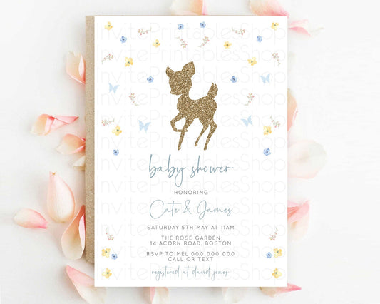 Fawn Baby Shower Invitation Deer Baby Shower Invites Enchanted Forest Theme Butterfly Pastel Flowers Whimsical Baby Shower D10360