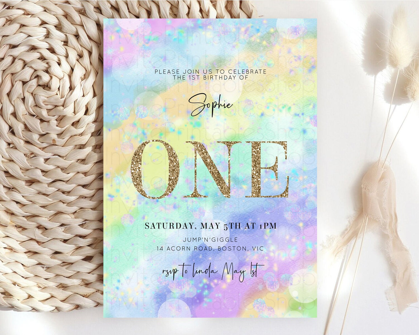 Rainbow Birthday Invitation Colorful Pastel Watercolor Invitation Gold Glitter Sprinkles Ombre Pastel 1st 2nd 3rd Birthday D10689