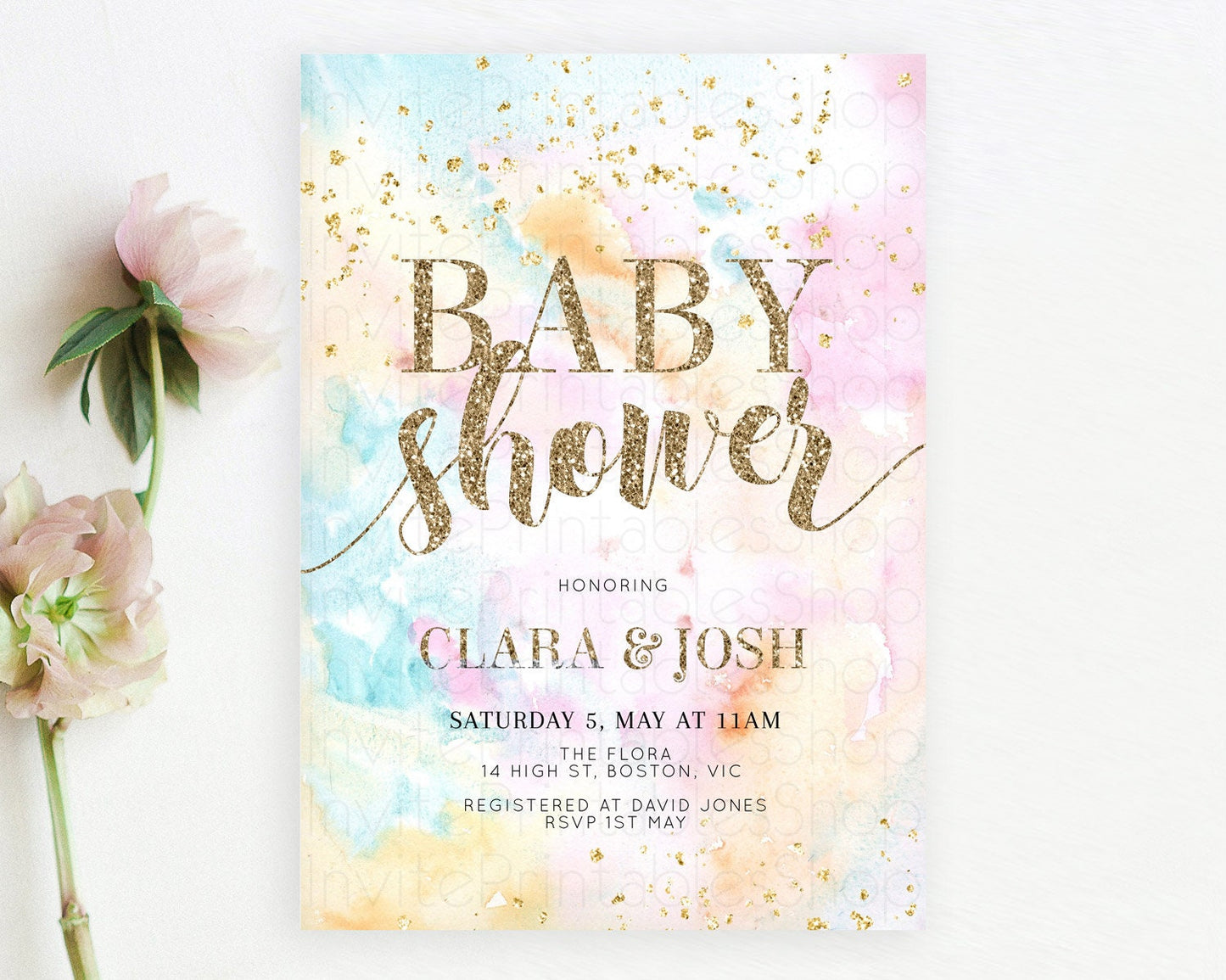 Pastel Baby Shower Invitation Rainbow Baby Shower Invitation Colorful Pastel Watercolor Invitation Gold Glitter Sprinkles Ombre D10548