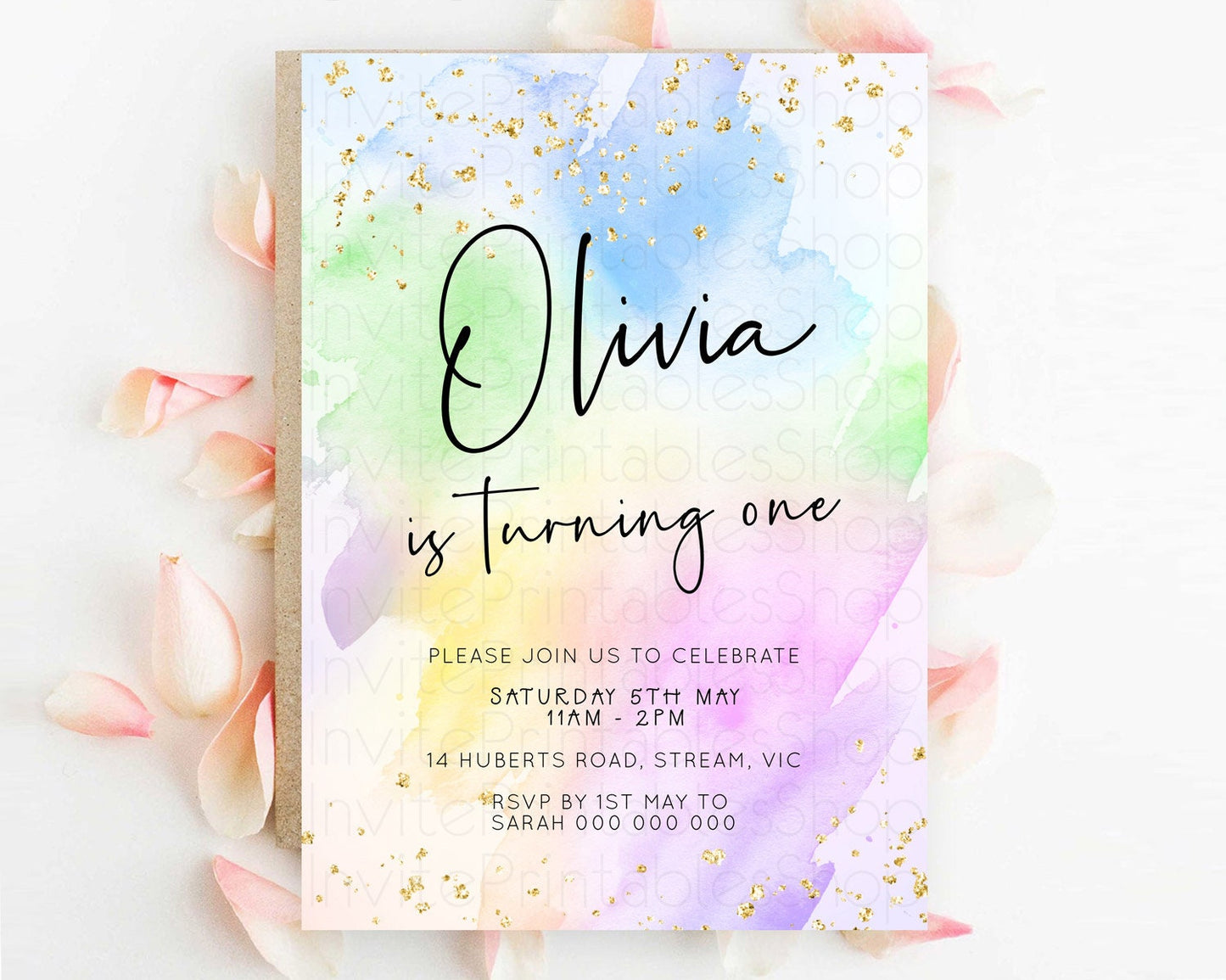 Pastel Birthday Invitation Ombre Watercolor Birthday Invitation Glitter Rainbow Color Splash 1st 2nd 3rd Birthday Invitation D23073