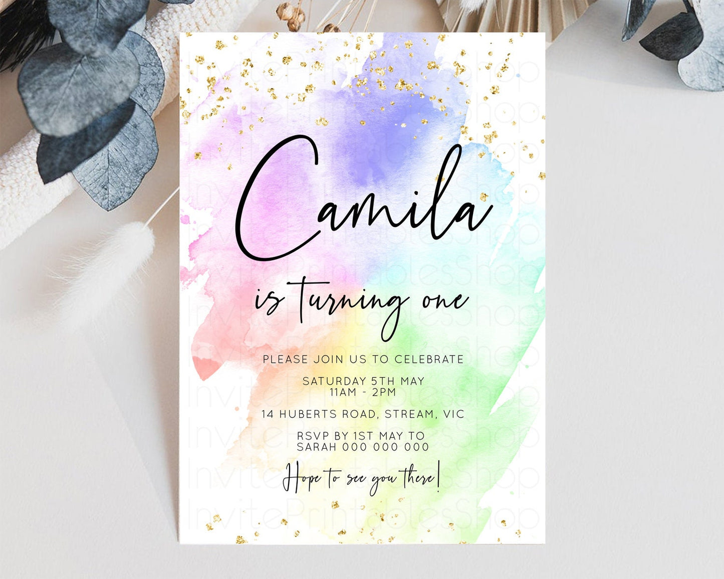 Rainbow Birthday Invitation Pastel Rainbow Birthday Invitation Ombre Watercolor Invite Colorful Splash Glitter Sprinkles 1st 2nd 3rd C378