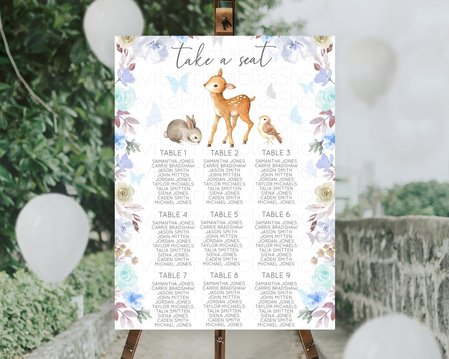 Fawn Seating Chart Deer Seating Chart Enchanted Forest Party Butterfly Pastel Flowers Whimsical Seating Chart Woodland Seating Sign D10929