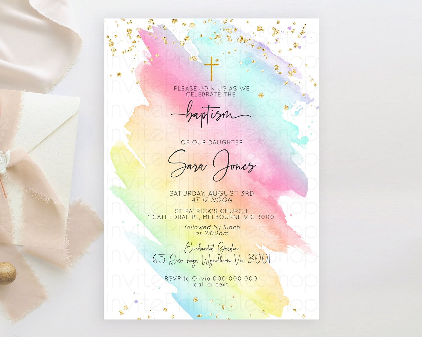 Pastel Baptism Invitation Pastel Colors Watercolor Baptism 1st Birthday Party Gold Ombre Pastel Rainbow Christening Holy Communion D10495