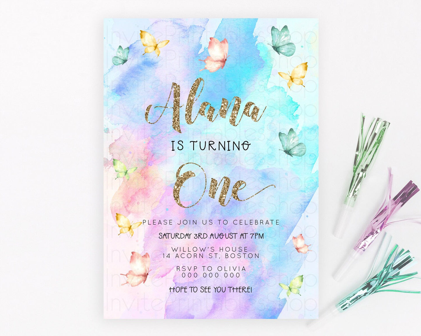 Pastel Butterfly Birthday Invitation Butterfly Birthday Invitation Colorful Splash Glitter Butterfly Garden 1st 2nd Birthday D23246