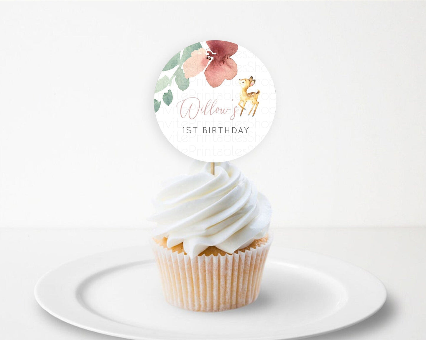 Fawn Cupcake Toppers Deer Cupcake Toppers Enchanted Forest Party Butterfly Pastel Flowers Woofland Cupcake Toppers First Birthday D10915