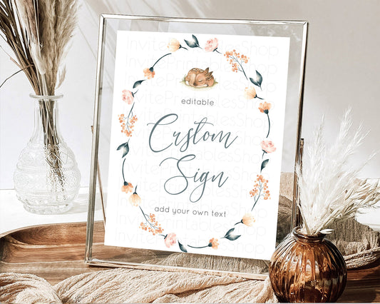 Editable Fawn Deer Sign Pastel Floral Deer Table Sign Decor Enchanted Forest