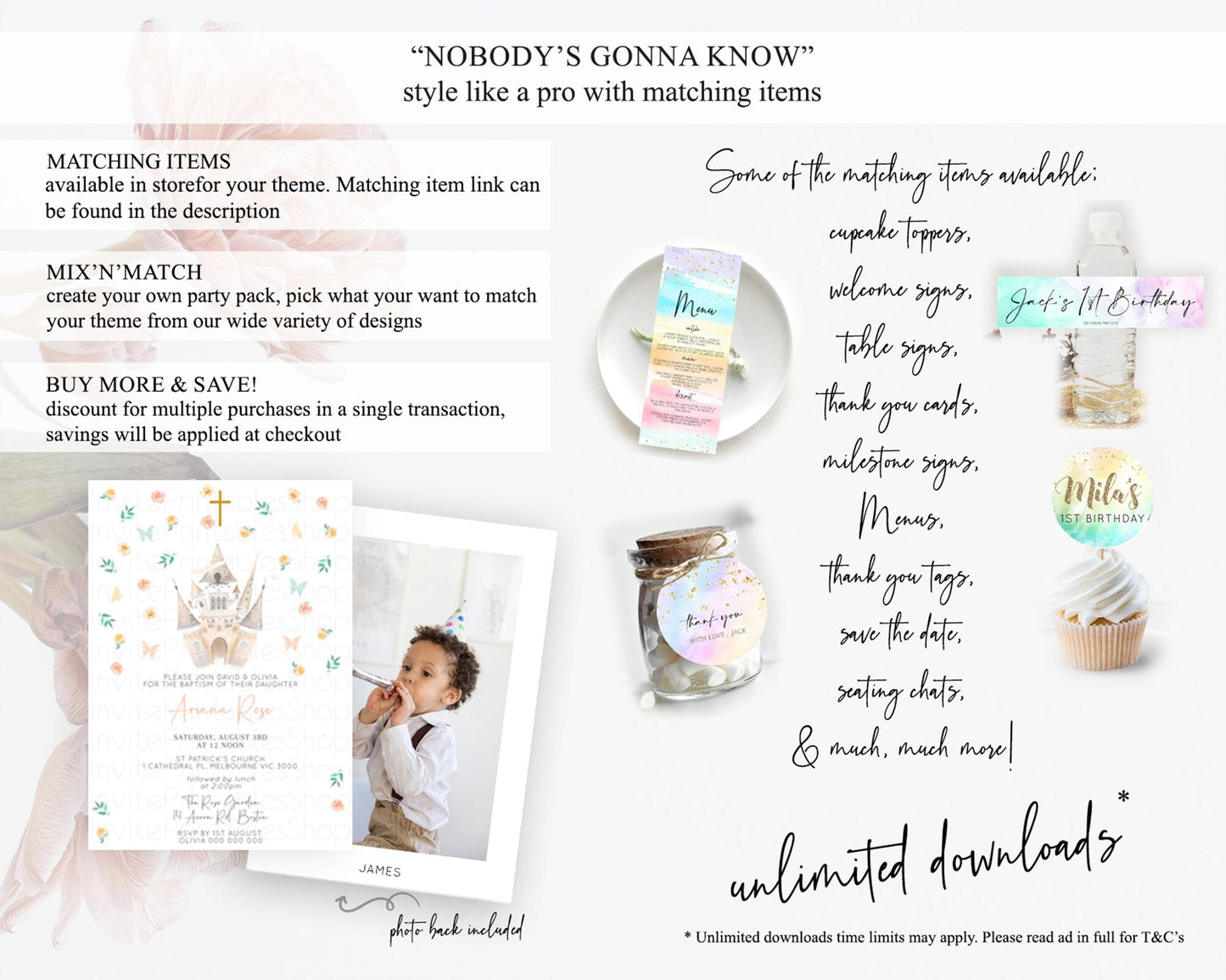 Princess Baptism Invitation Enchanted Castle Baptism 1st Birthday Invitation Royal Party Pastel Floral Secret Garden Christening D10363