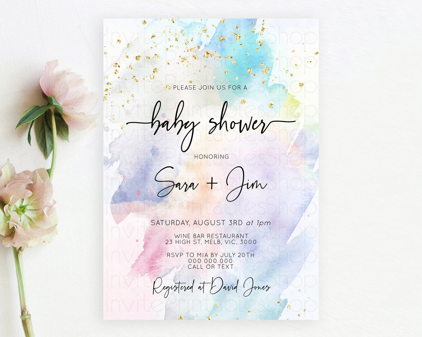 Pastel Baby Shower Invitation Rainbow Baby Shower Invitation Colorful Pastel Watercolor Invitation Gold Glitter Sprinkles Ombre D10424