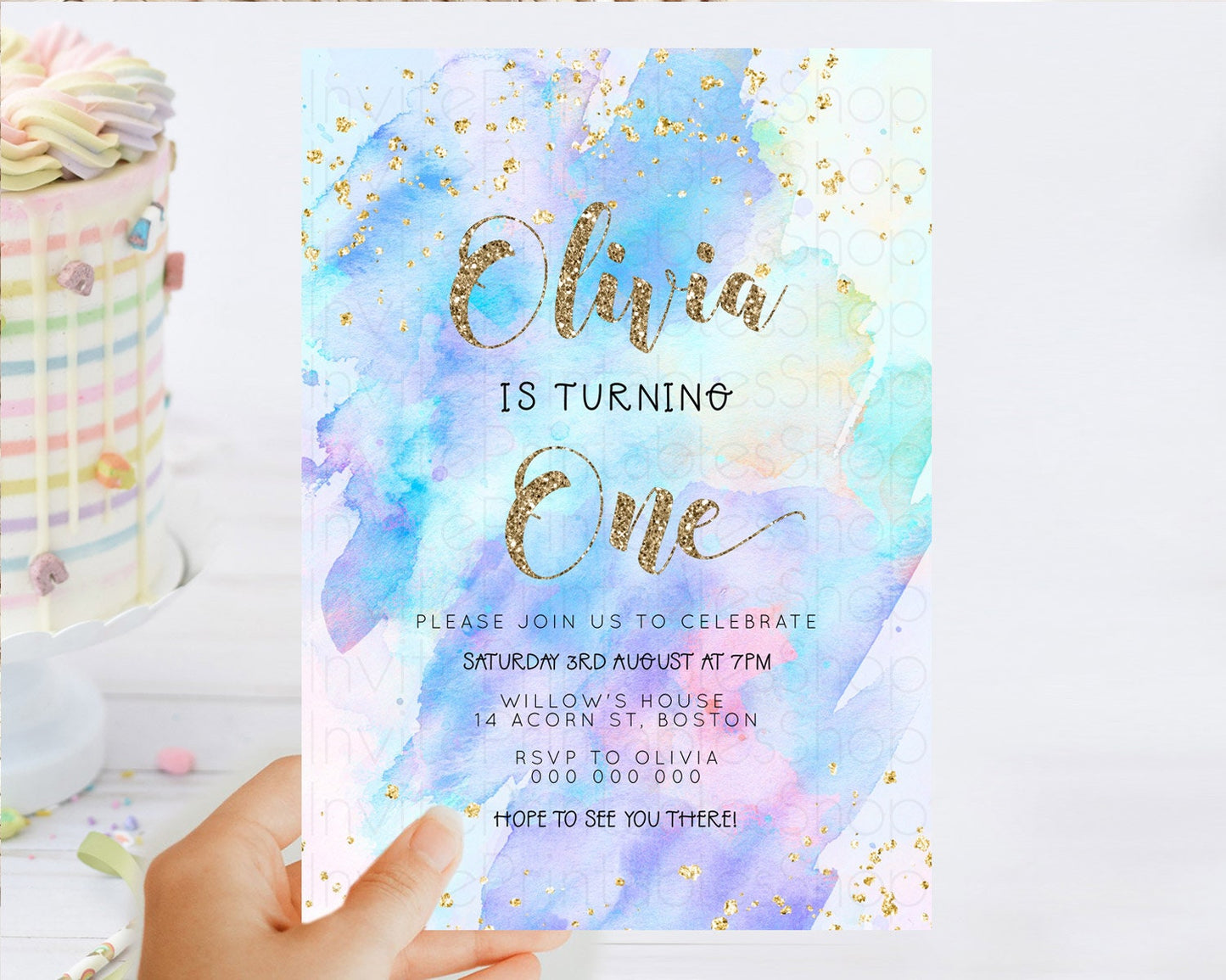 Rainbow Birthday Invitation Colorful Pastel Watercolor Invitation Gold Glitter Sprinkles Ombre Pastel 1st 2nd 3rd Birthday D23292