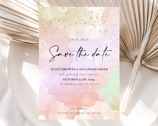 Pastel Save The Date Template Pastel Ombre Rainbow Watercolor Colorful Party For Birthday Baptism Baby Shower Wedding Bridal Shower D10627