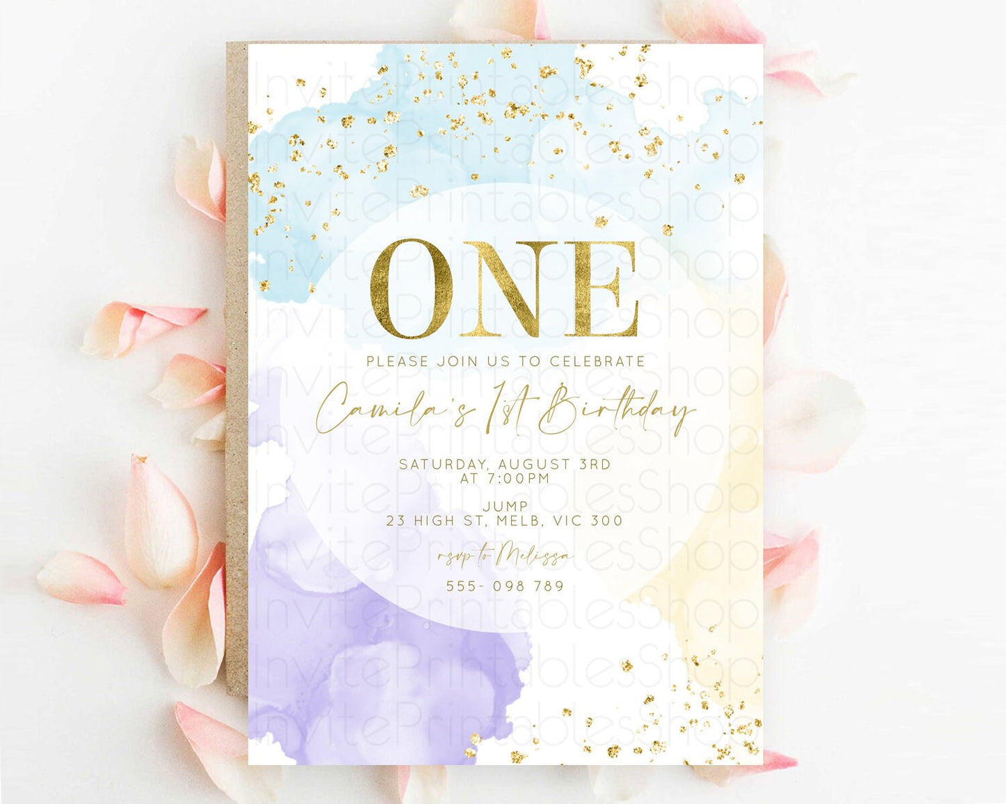 Editable Rainbow Birthday Invitation Colorful Pastel Watercolor Invitation G