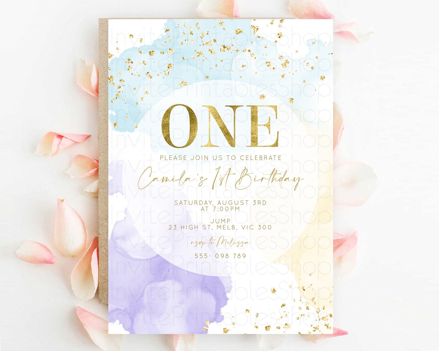 Editable Rainbow Birthday Invitation Colorful Pastel Watercolor Invitation G