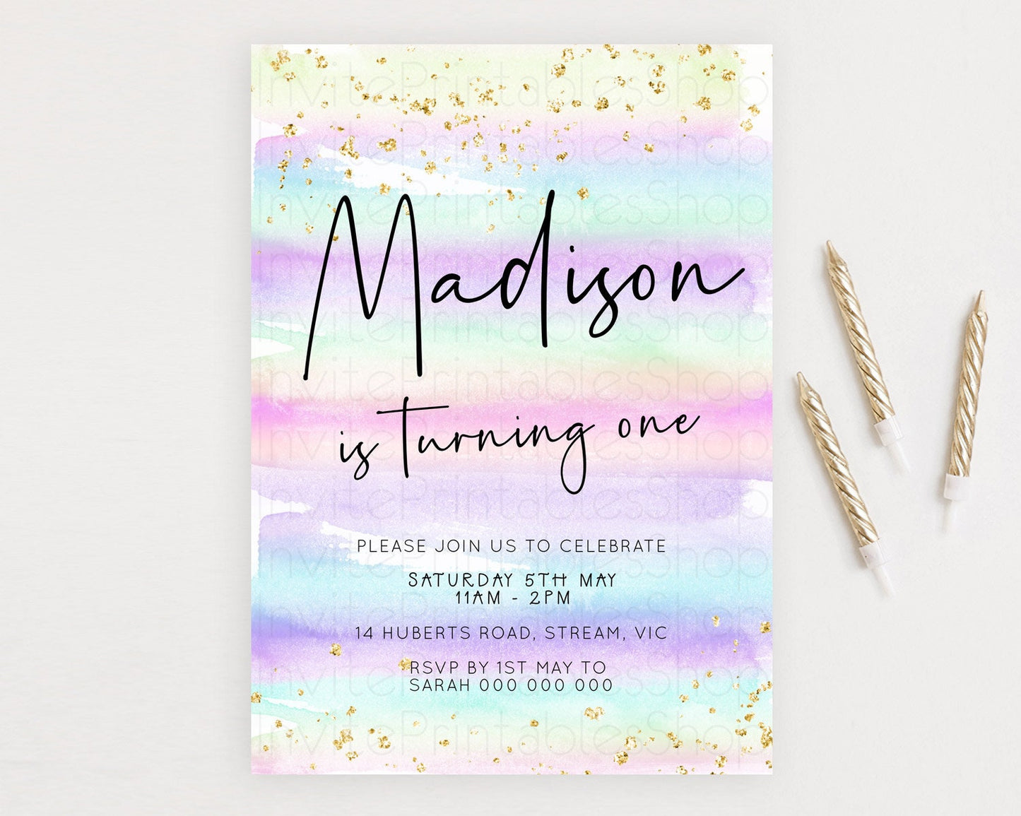 Pastel Birthday Invitation Ombre Watercolor Birthday Invitation Glitter Rainbow Color Splash 1st 2nd 3rd Birthday Invitation D23032