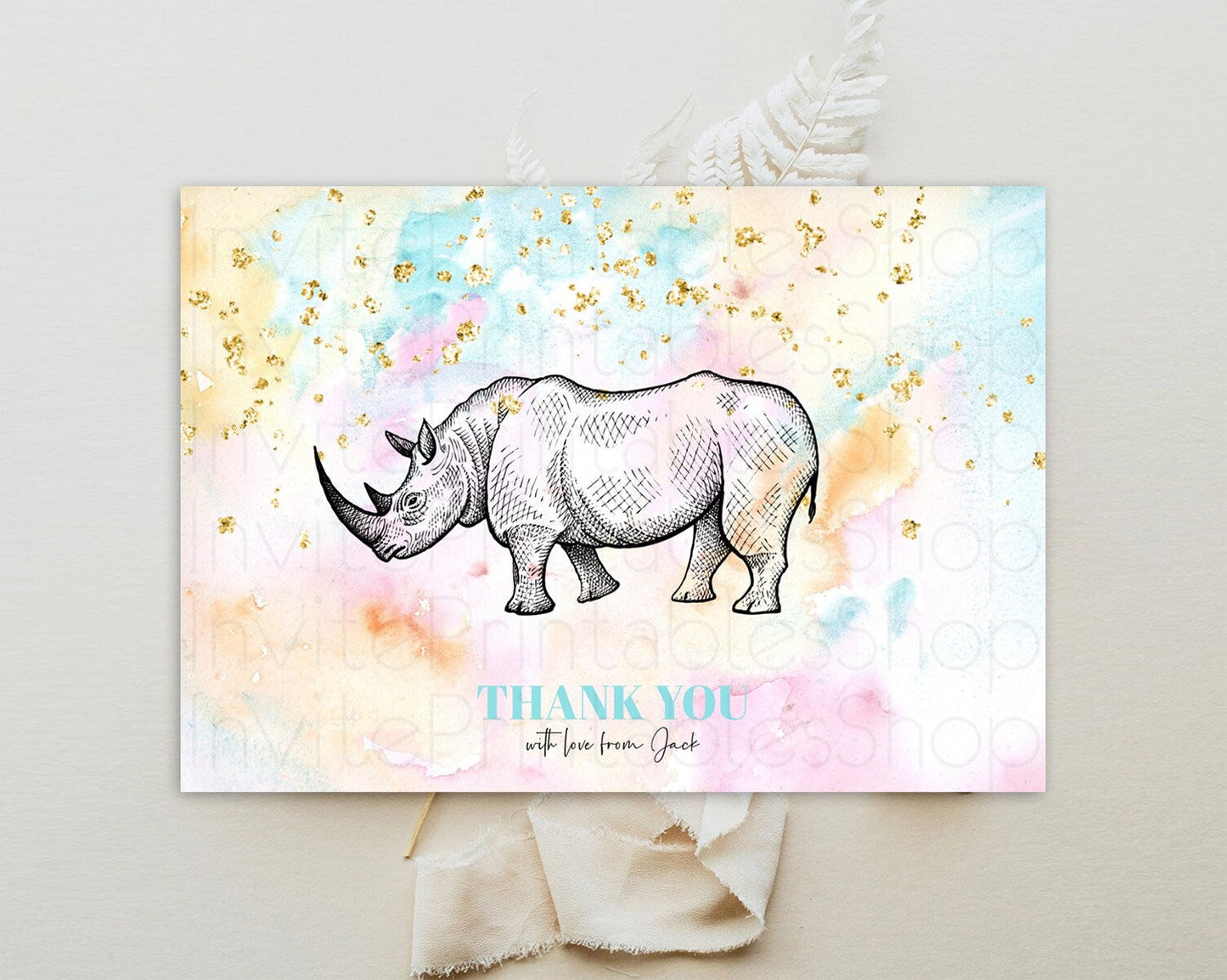 Pastel Rhino Thank You Rainbow Rhino Thank You Card Colorful Rainbow Birthday Thank You Pastel Rhino Teacher Thank You Card Template D10287