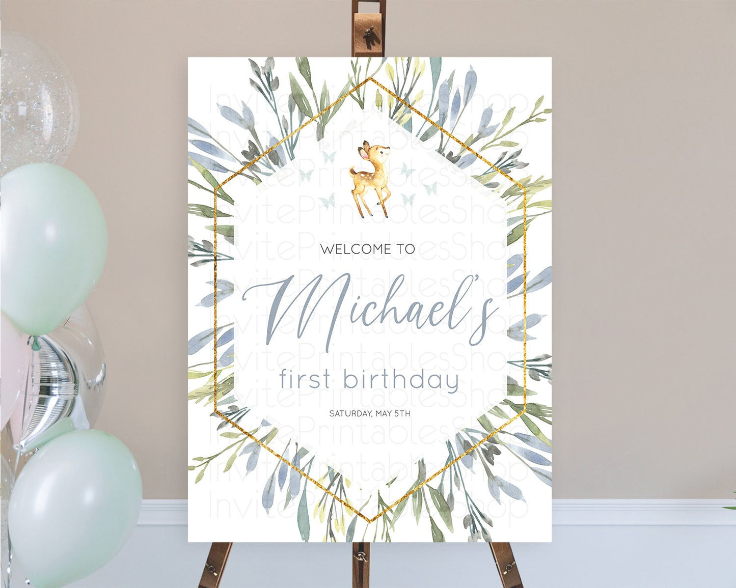 Fawn Welcome Sign Deer Welcome Board Floral Deer Welcome Poster Enchanted Forest Butterfly Pastel Floral First Birthday Welcome Sign D10400