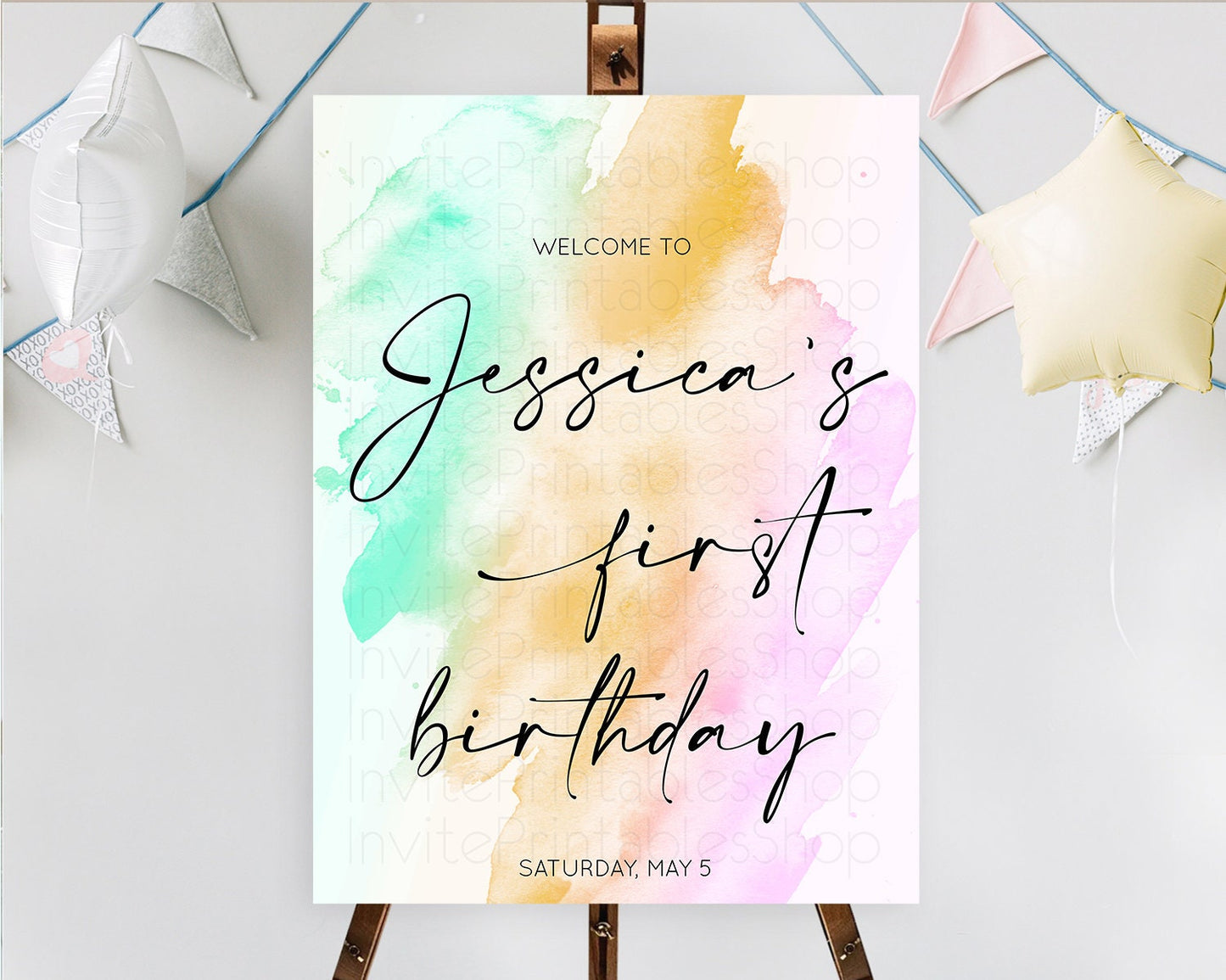 Pastel Welcome Sign Pastel Rainbow Welcome Sign Colorful Rainbow Confetti Watercolor Glitter Pastel First Birthday Welcome Sign D10962