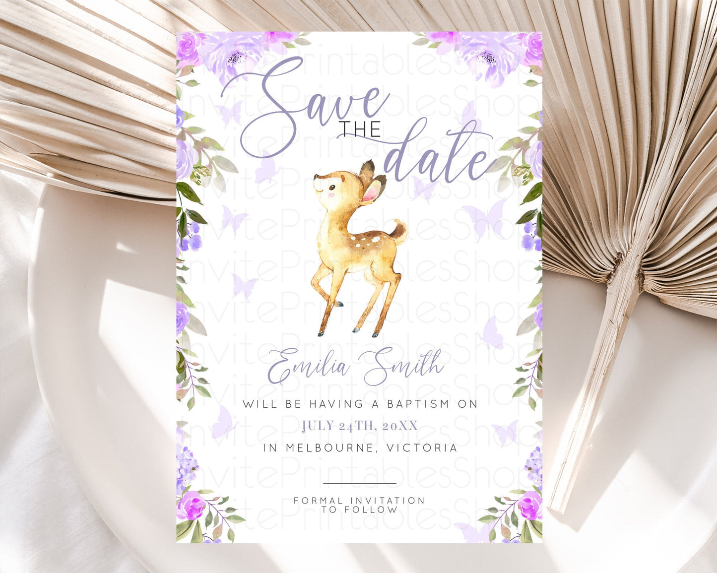 Fawn Deer Save The Date Template Pastel Floral Deer Enchanted Forest Butterfly Party 1st Birthday Baptism Baby Shower Bridal Shower D10916