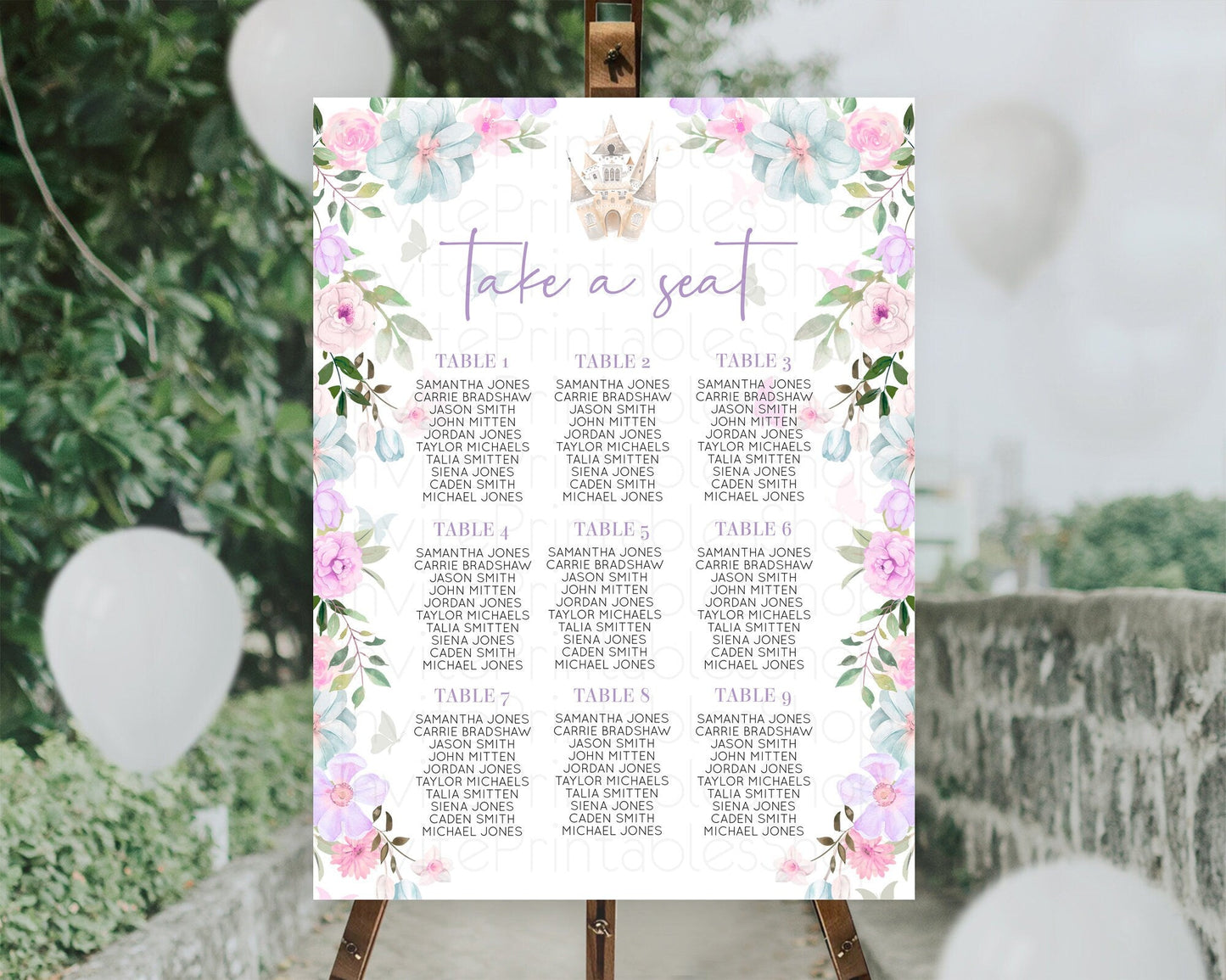 Princess Seating Chart Castle Seating Chart Royal Princess Decor Fairy Tale Enchanted Castle Pastel Floral Garden Table Number Sign D10471