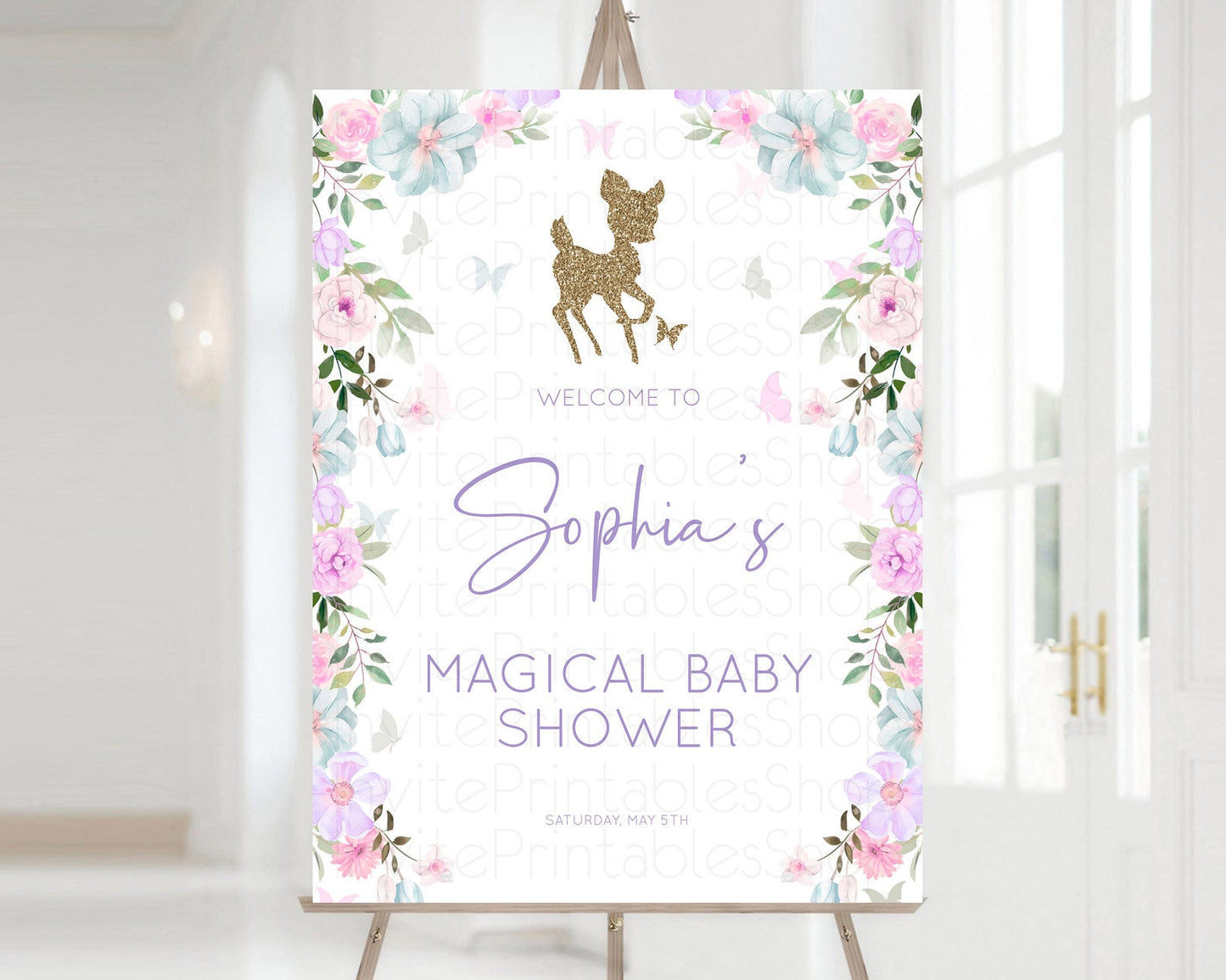 Fawn Baby Shower Welcome Sign Deer Welcome Board Floral Deer Welcome Poster Enchanted Forest Butterfly Pastel Floral Welcome Sign D10476